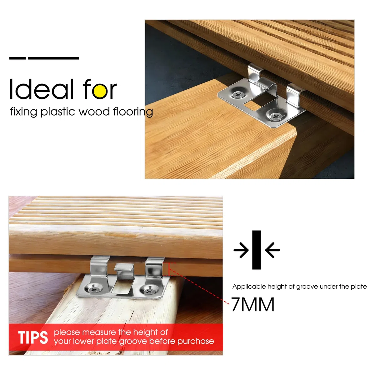 100 Stück WPC Dielen Befestigungsclips Edelstahl Terrassenclips Verbund-Terrassen-Clips Versteckte Abstandhalter, Terrassenbefestigung für WPC/BPC Terrassendielen (Silber, Spalt 3mm, Höhe 7mm)