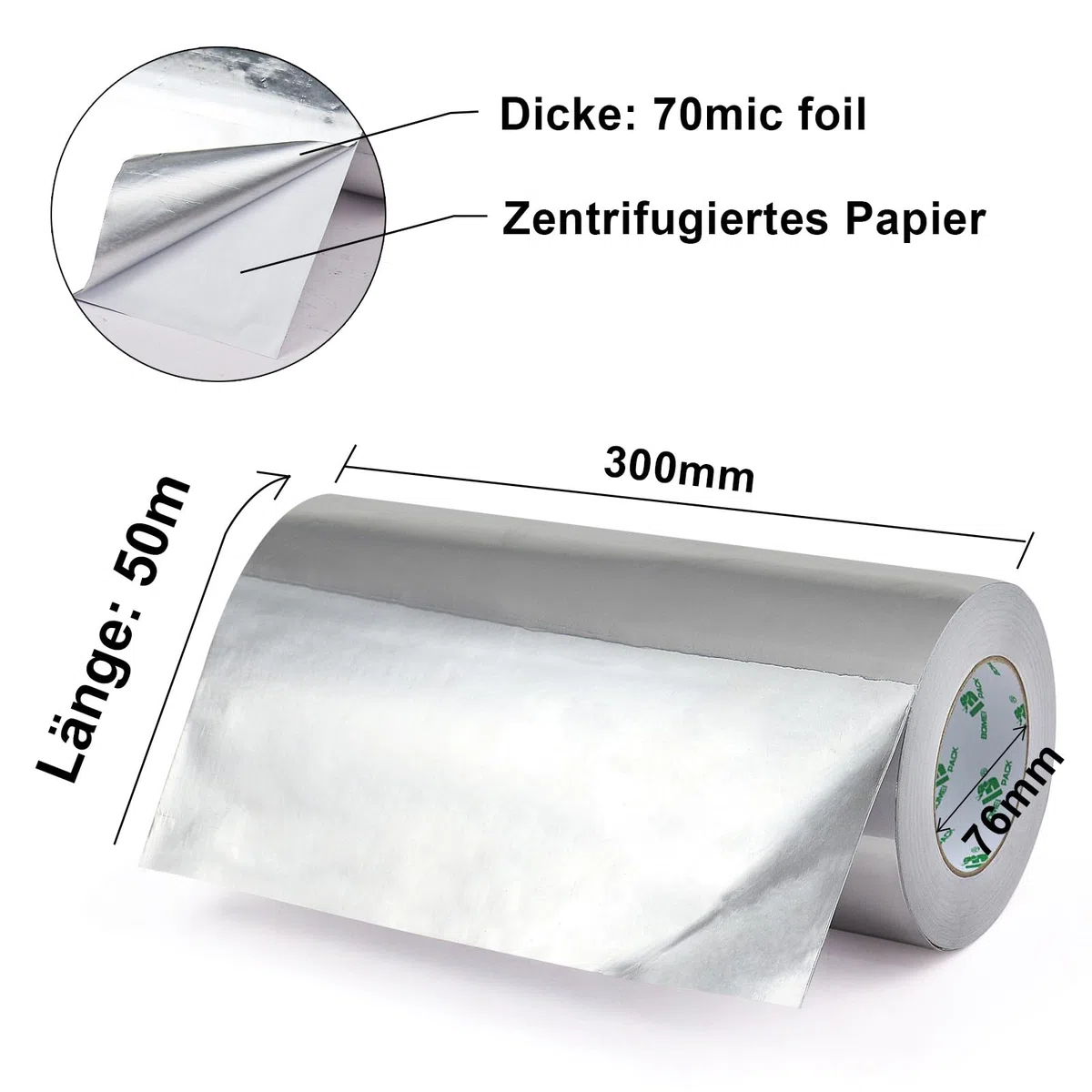 BOMEI PACK Aluminium Klebeban 300mm x 50 m, selbstklebendes Alu-Klebeband-Aluband, Wasserdichtes- und hitzebeständiges Band zum Versiegeln, Reparieren und Isolieren