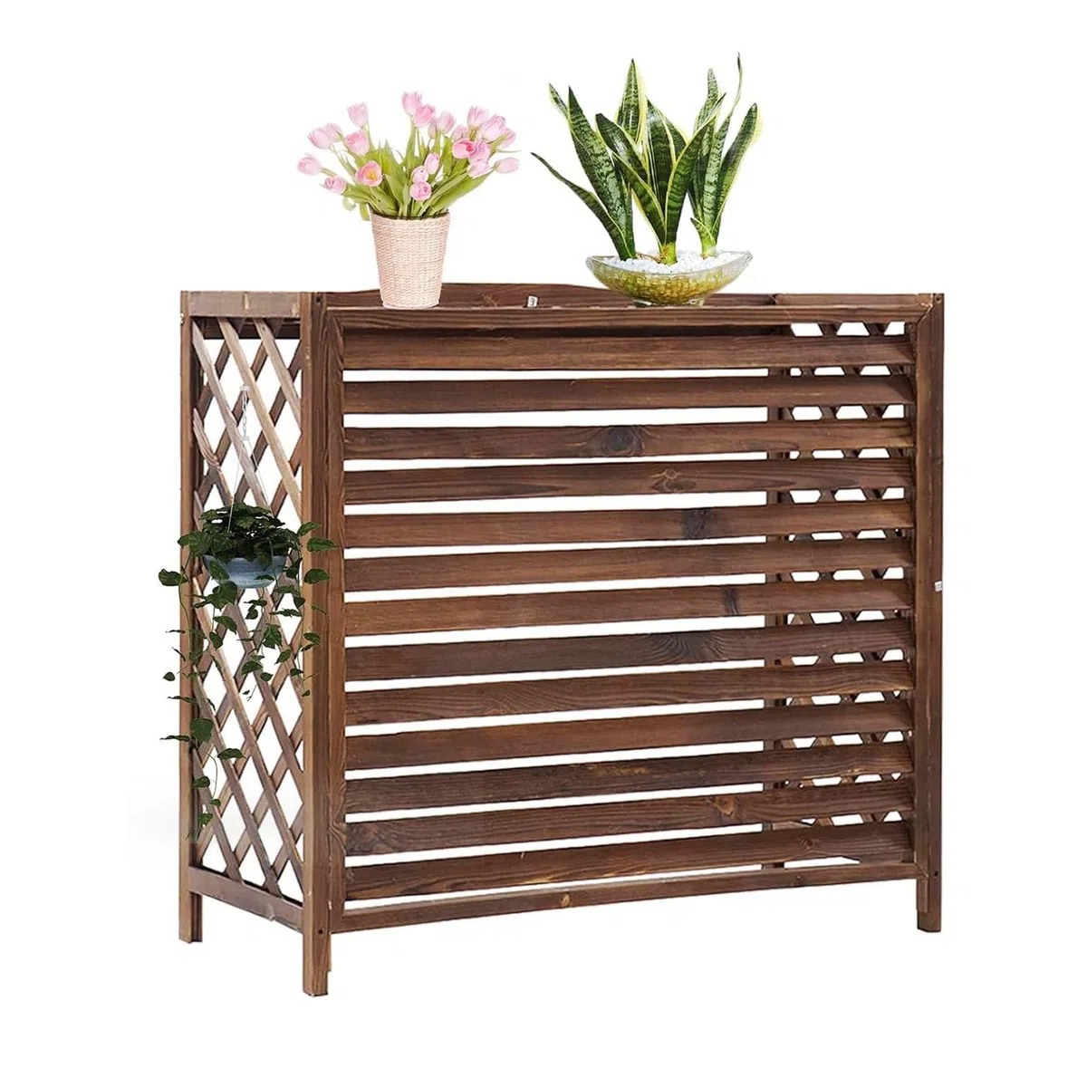 Draußen Abdeckung für Klimaanlage aus Massivholz, Holz Blumenständer, Klimaanlagenzaun, Schutzgitter, Verstecken Von AC-Geräten (Größe: 96x40x89cm), Wasserfest, Braun