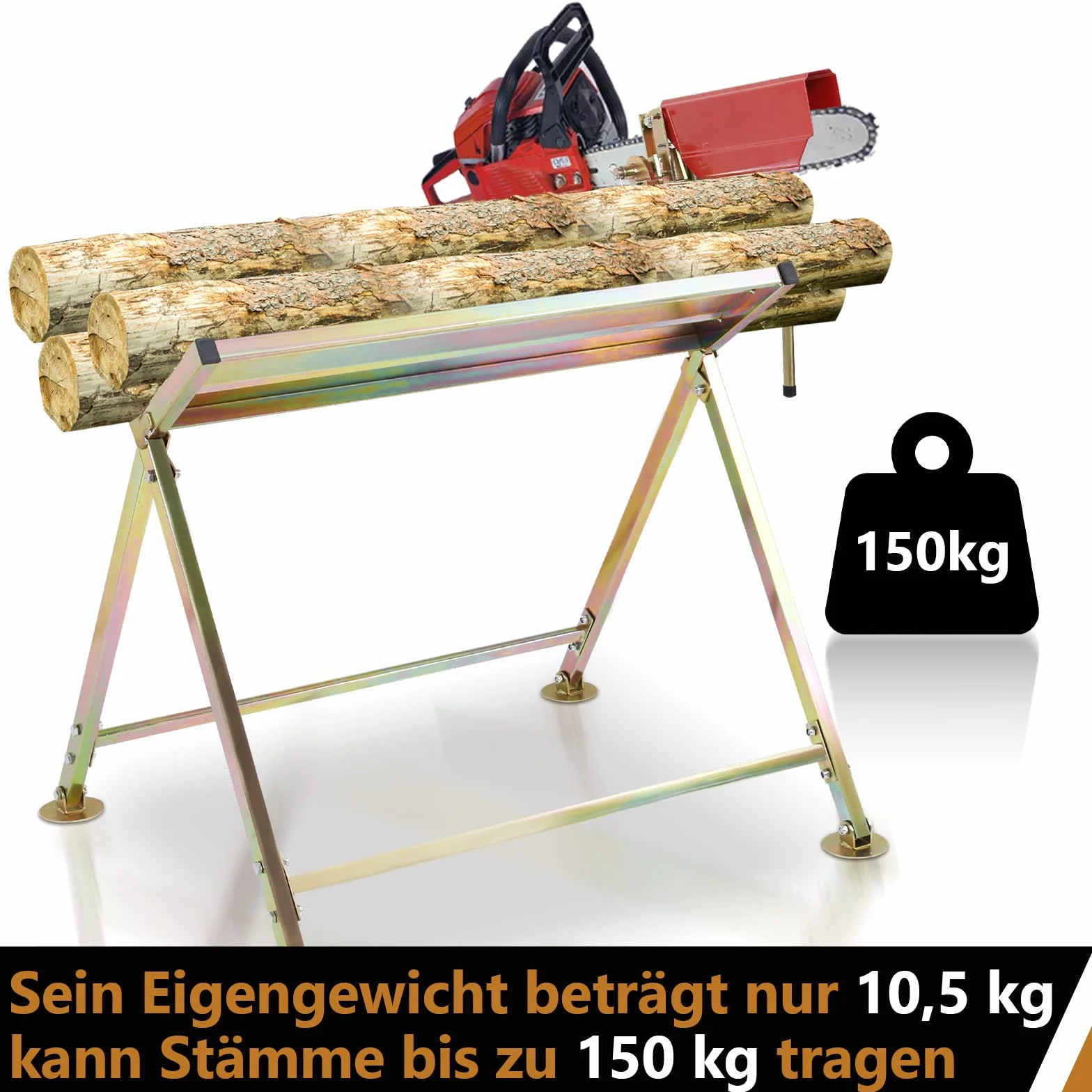 Herrselsam Sägebock mit Kettensägenhalterung, Kettenschutz, Messstab, bis 150 kg, 81x72x78,5 cm, Sägeständer klappbar Geeignet für Sägewerke, Werkstätten