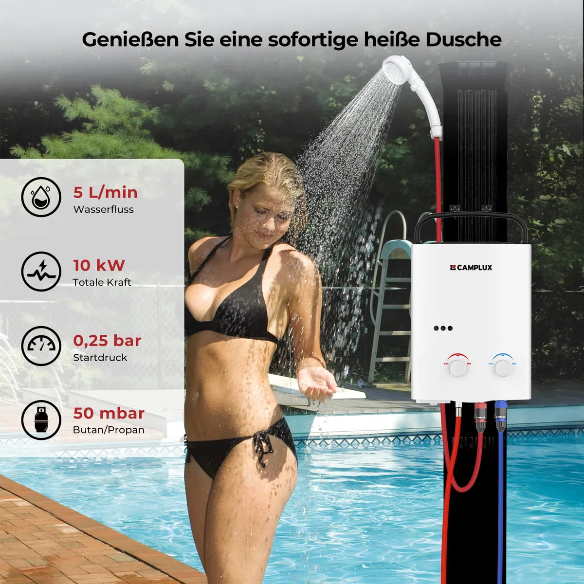 CAMPLUX AY132-DE 5 Liter Tankless Gasdurchlauferhitzer 50mbar, LPG Durchlauferhitzer mit Tragbarer Griff, 10 kW, Propan- oder Butangas, Campingdusche