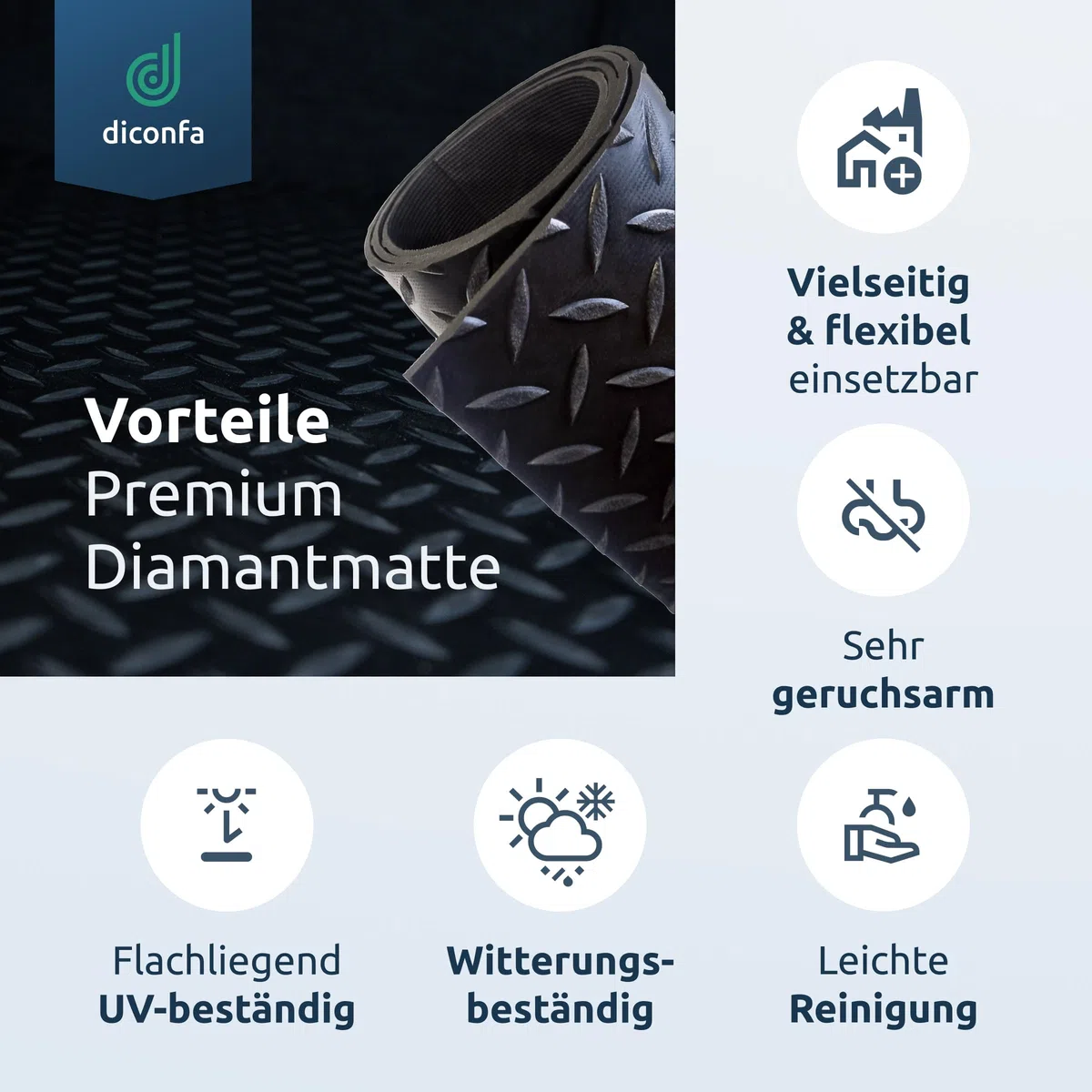 diconfa Gummimatte Diamant Tränenblech 3mm dick - BREITE 0,1m bis 2m - LÄNGE 0,05m bis 10m - Auswahl 2m (2000mm) x 3m (3000mm) - Meterware Gummimatten Antirutsch Matte Gummiläufer Unterlage