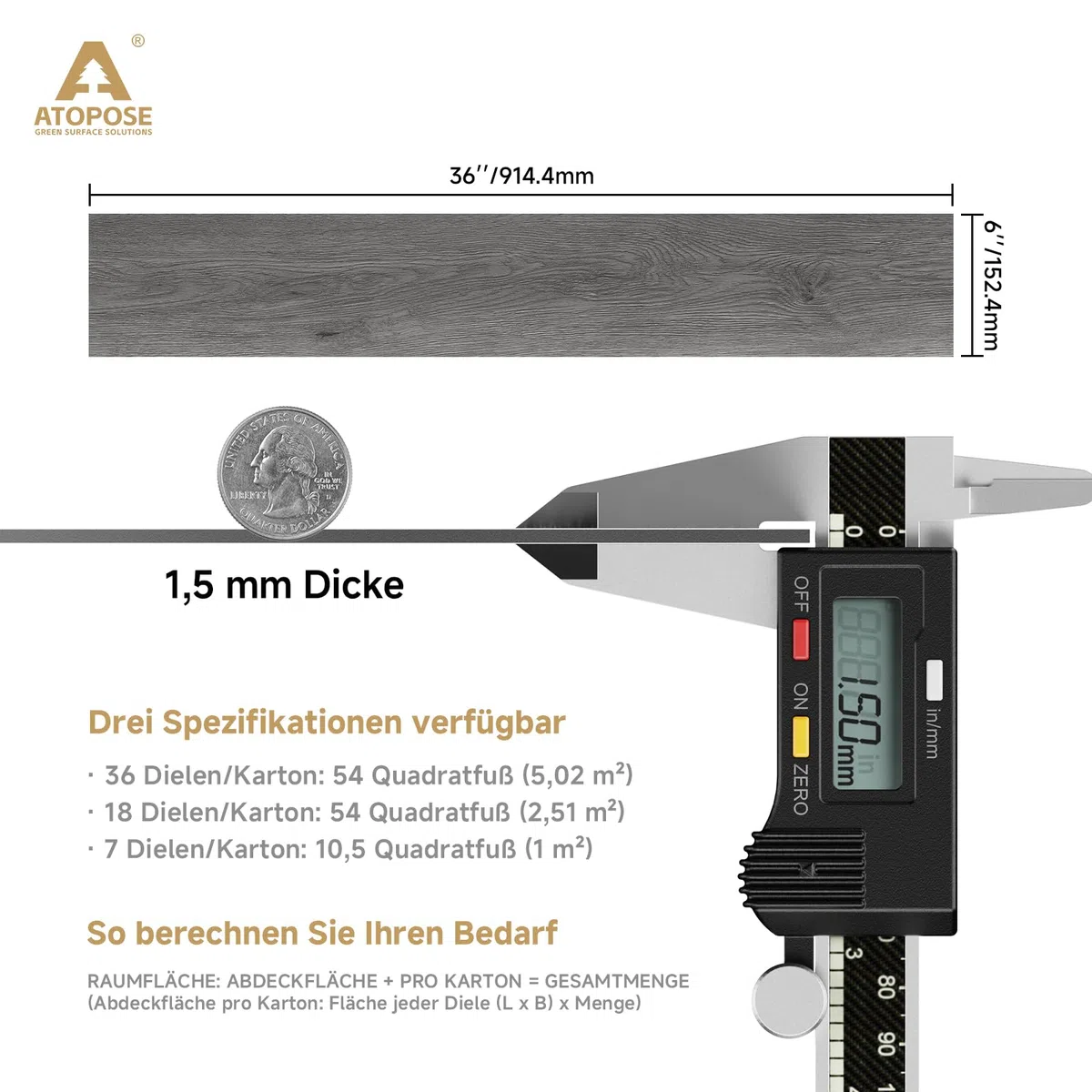 ATOPOSE PVC Bodenbelag Selbstklebend | Klick Vinylboden Holzoptik | 1,5 mm dick, 36 Bodenplatten, für eine Fläche von 5,02 m² | Wasserdicht & Einfache DIY Verlegungfür Küche Bad Wohnzimmer