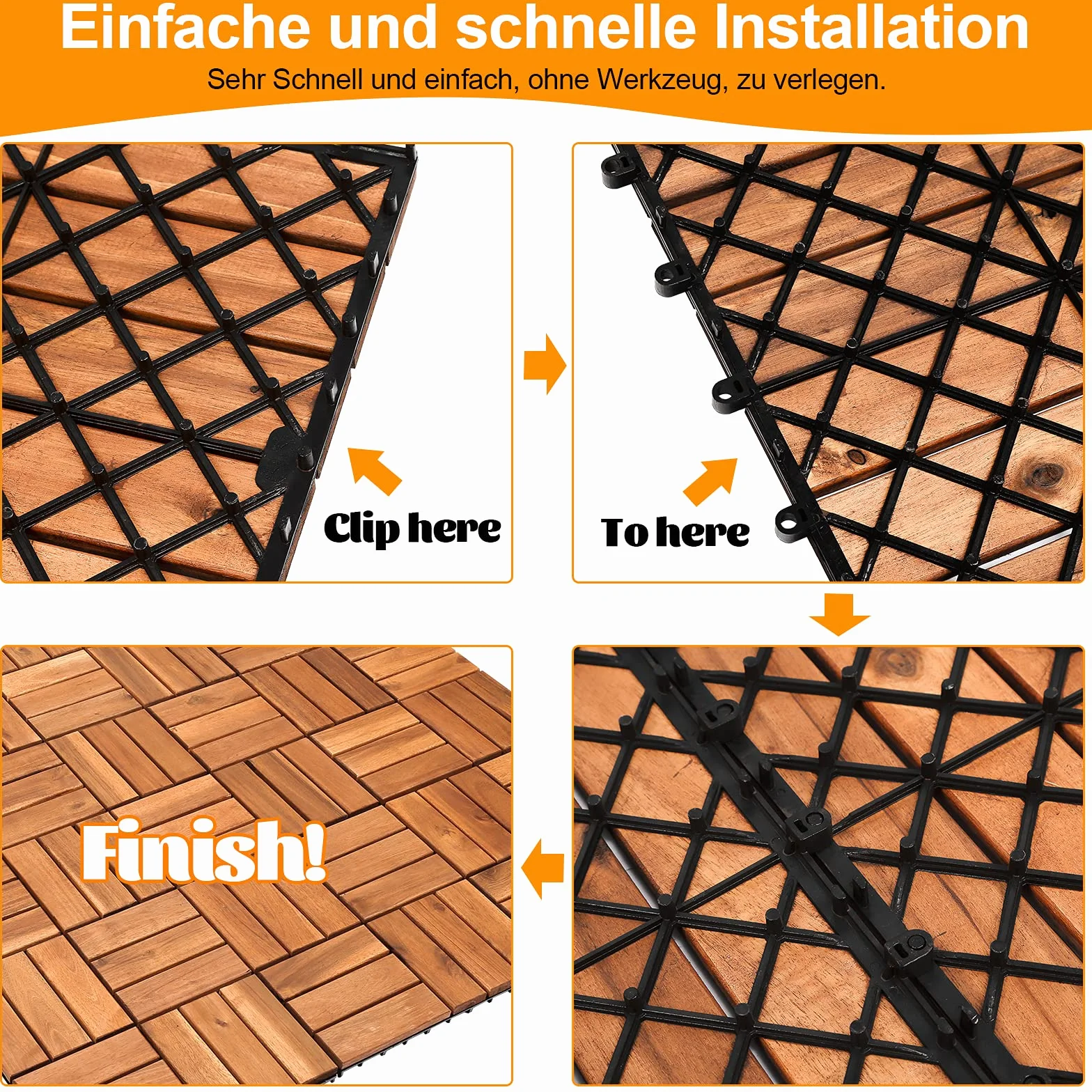 Herrselsam Holzfliesen Terrassenfliesen, 30x30 cm Holzfliesen aus Akazien Holz, 12 Latten Fliese 1m², Bodenfliesen geeignet als Terrassenfliesen und Balkonfliesen(11 Stück)
