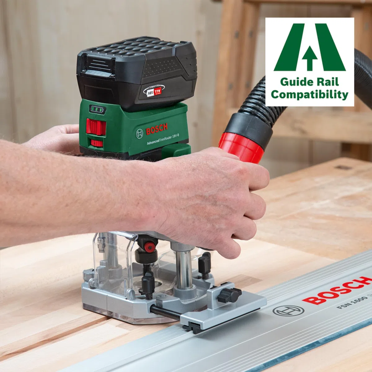 Bosch 2in1 Akku-Kanten-/Oberfräse AdvancedTrimRouter 18V-8 (zum Fräsen von Kanten, Nuten und kreativen Motiven; inkl. 2 Fräskörben + Zubehör, 18 Volt System; Bürstenloser Motor; in SystemBox M)