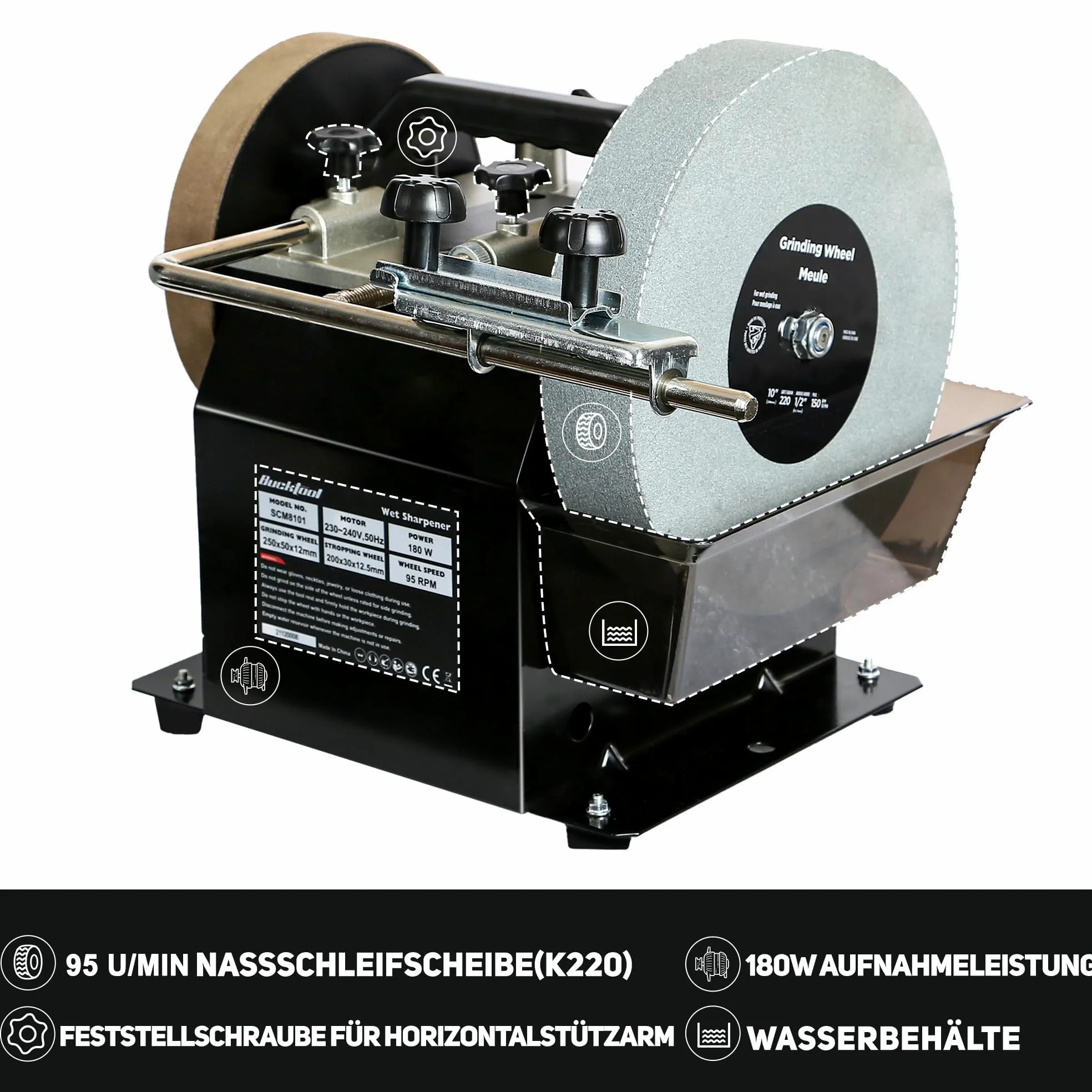 Bucktool 250mm elektrischer Nassschleifstein-Schleifer Water Cooled Sharpener, 180W Schärf- und Abziehsystem, 230~240V Wassergekühlte Schleifmaschine