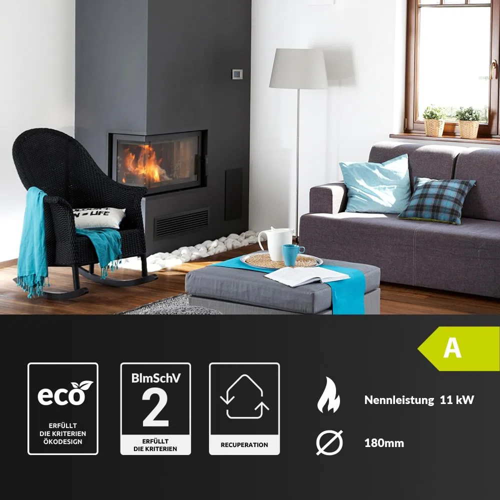 KRATKI Kamineinsatz aus Stahl ZIBI rechts 11 kW Ø 180 schwarz Verkleidung mit Türfeder