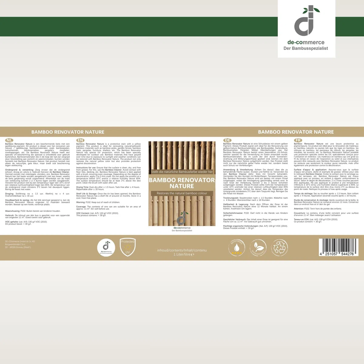 DE-COmmerce Bambus Pflege Bamboo RENOVATOR Nature helle Beize für Farbauffrischung Lasur 1 Liter