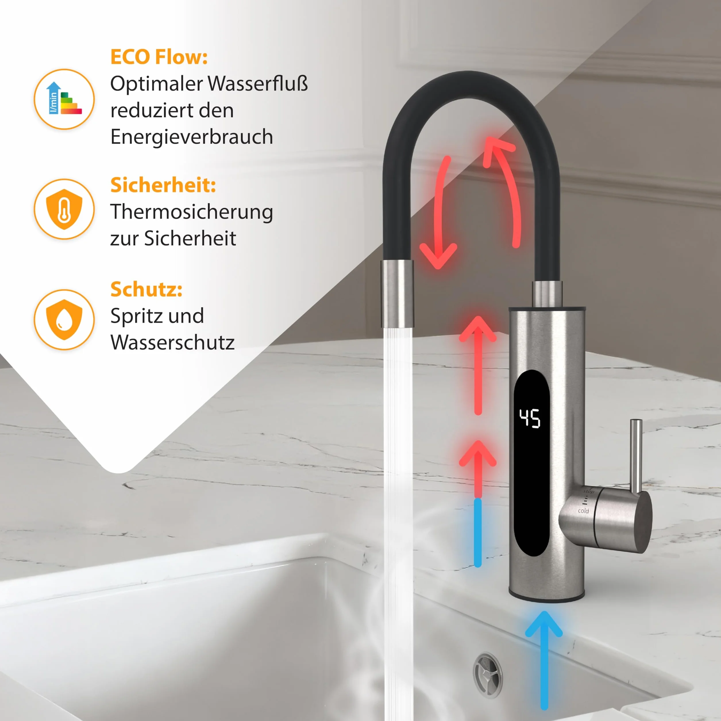 HOGART Elektrische Wasserhahn mit Durchlauferhitzer 230v für Küche, Garten, Bad, Wohnwagen, Camping, 2 Aufsätze, Smart Heater, Armatur mit Sofortiger Warmwasserbereiter, Warmwasserhahn, Wasserboiler