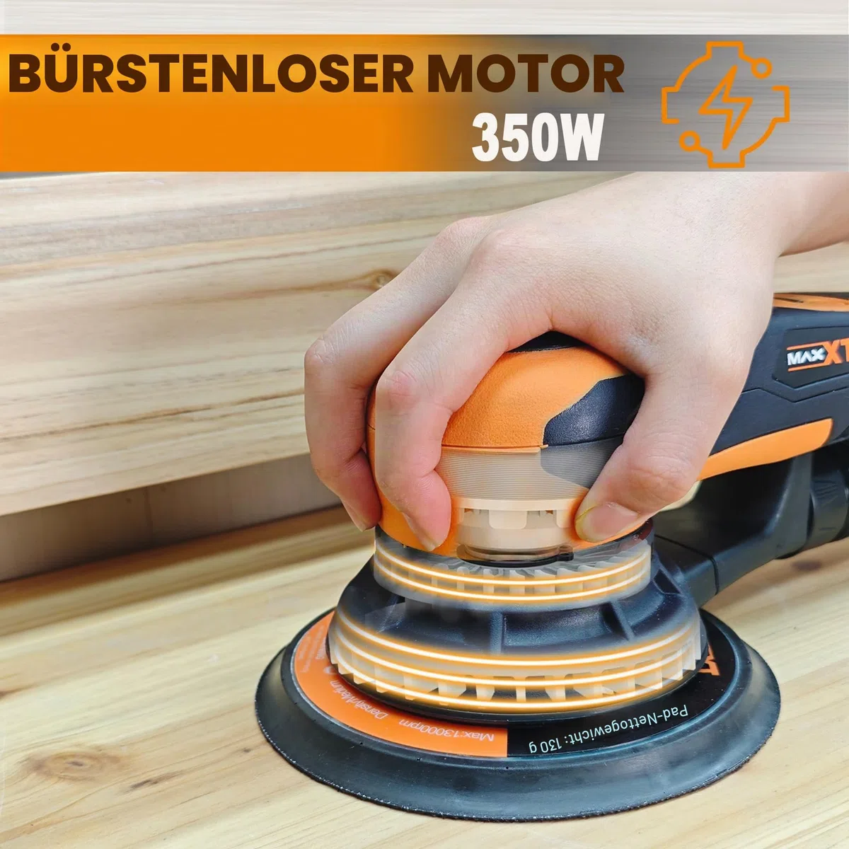 Bürstenlose MAXXT Elektroschleifer 350 W, Scheibe 150 & 125 mm, Exenterschleifmaschine 5.0 mit Dreikernanschluss, 4000-10000 U/min (6 einstellbare), Automatische Bremse-2s, 20 Schleifpapiere