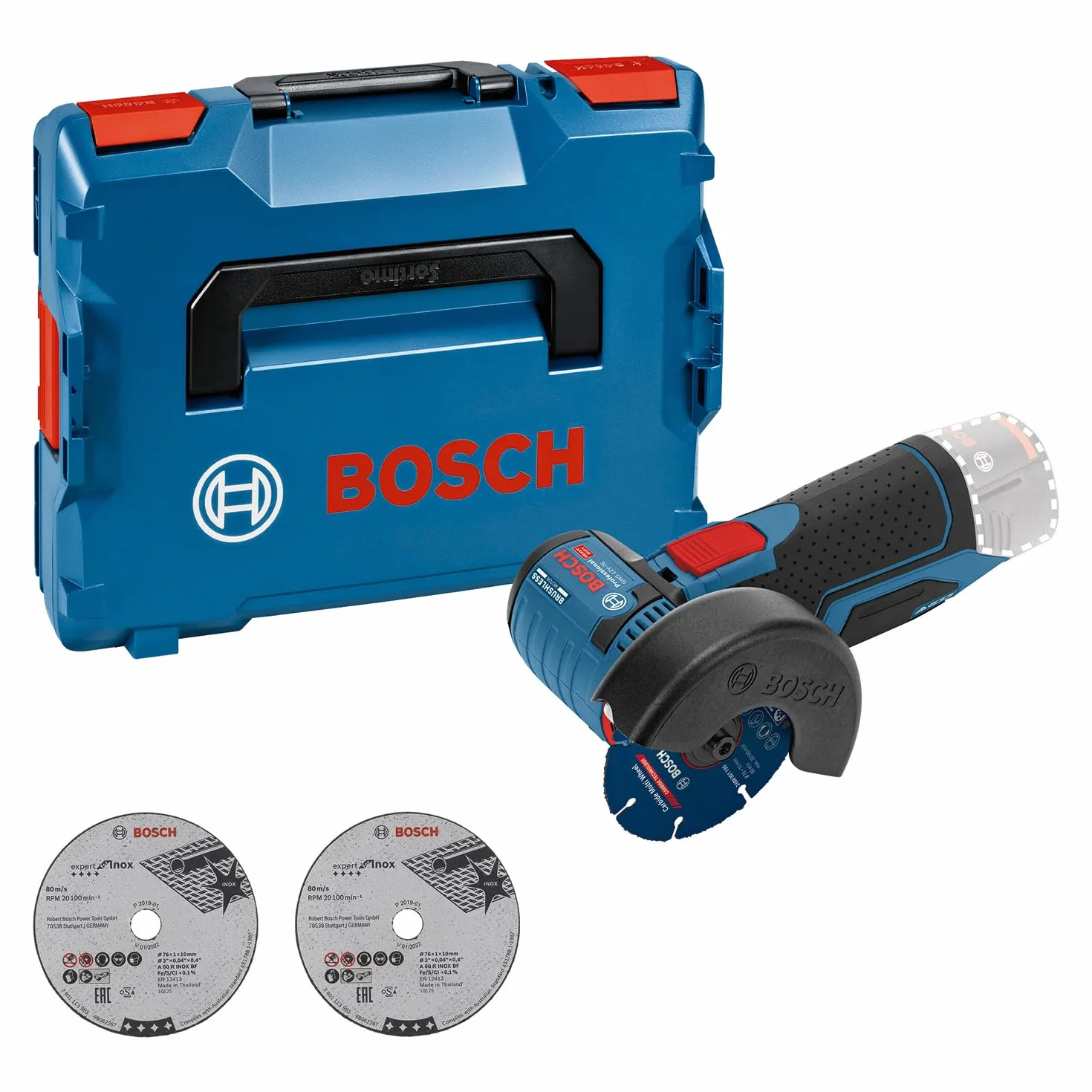 Bosch Professional 12V System Akku Winkelschleifer GWS 12V-76 (inkl. 2x Trennscheibe Expert for Inox, 1x Hartmetall - Trennscheibe Carbide Multi Wheel, 2x Einlage, L-BOXX, ohne Akku/ Ladegerät)