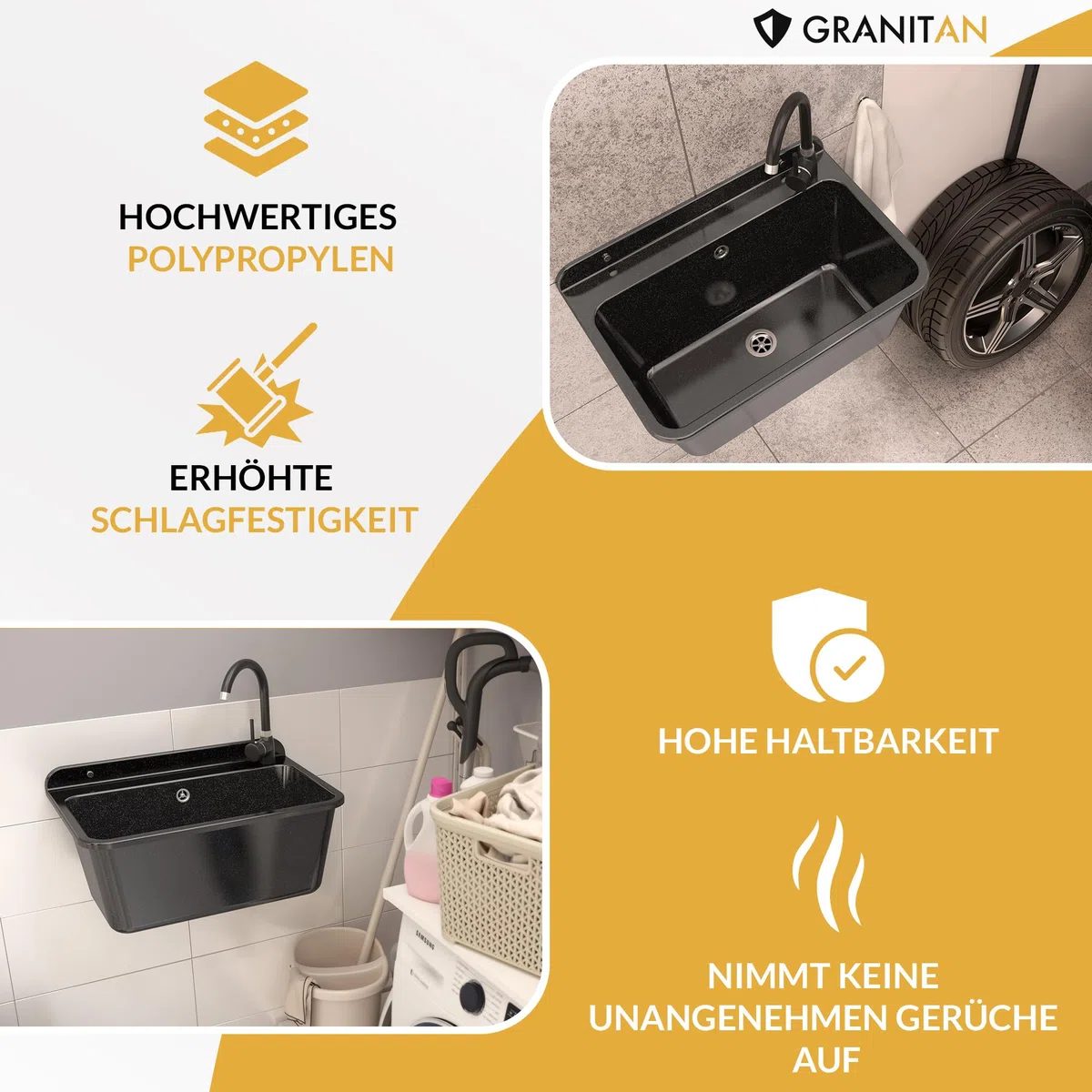 Granitan Ausgussbecken für Garage Keller Werkstatt - Universal Waschtrog mit Siphon - Waschbecken Wandmontage aus Polypropylen - 61x41x30 cm (Weiß + BETA Waschtischbatterie)