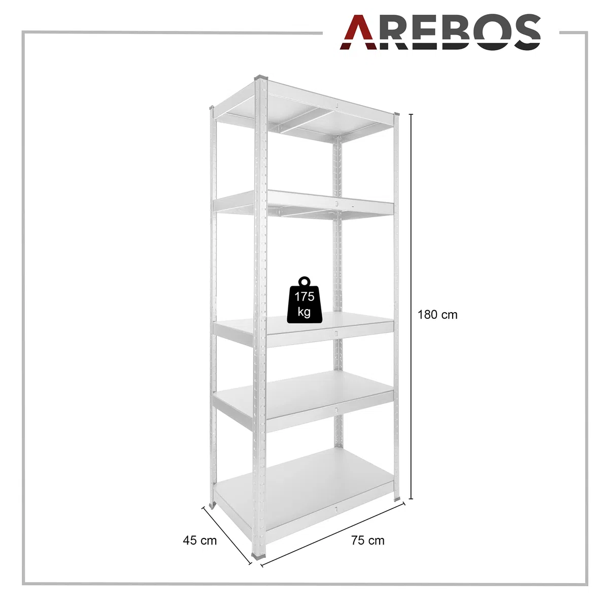 Arebos Schwerlastregal 180x75x45 cm | 875 kg Tragkraft | 5 MDF-Platten | Einfache Montage durch Stecksystem Regal Lagerregal Kellerregal Steckregal Werkstattregal | verzinkt