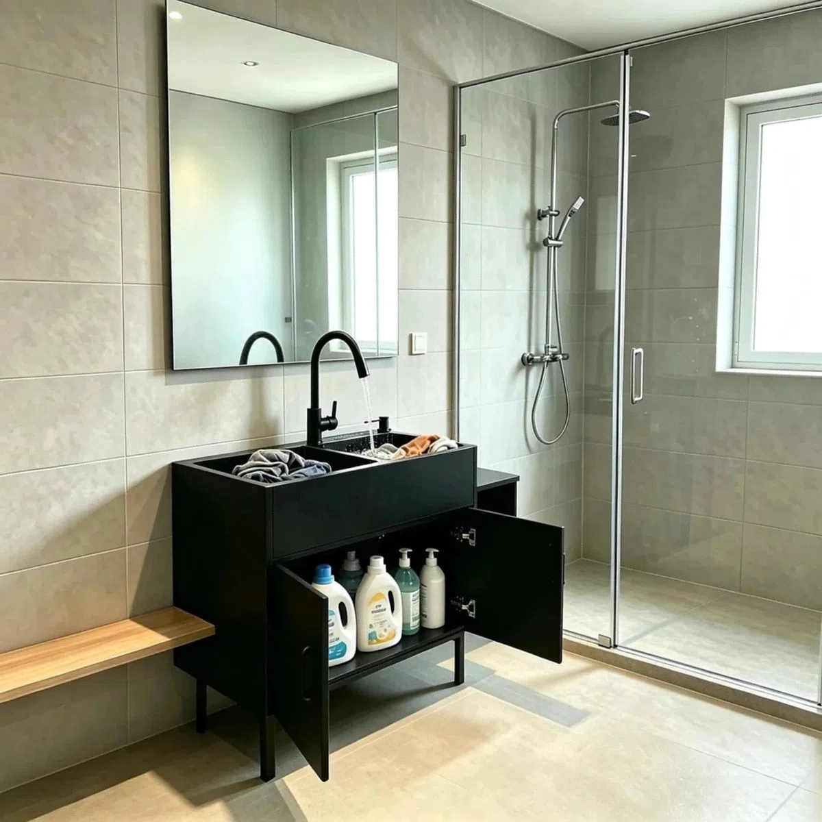 Freistehende Edelstahl KüChenspüLe mit Unterschrank Ausziehbarem Wasserhahn Gewerbliche Doppelbecken SpüLenschrank für KüChe WäSche Badezimmer Komplettes Set(black,75x41x85cm)