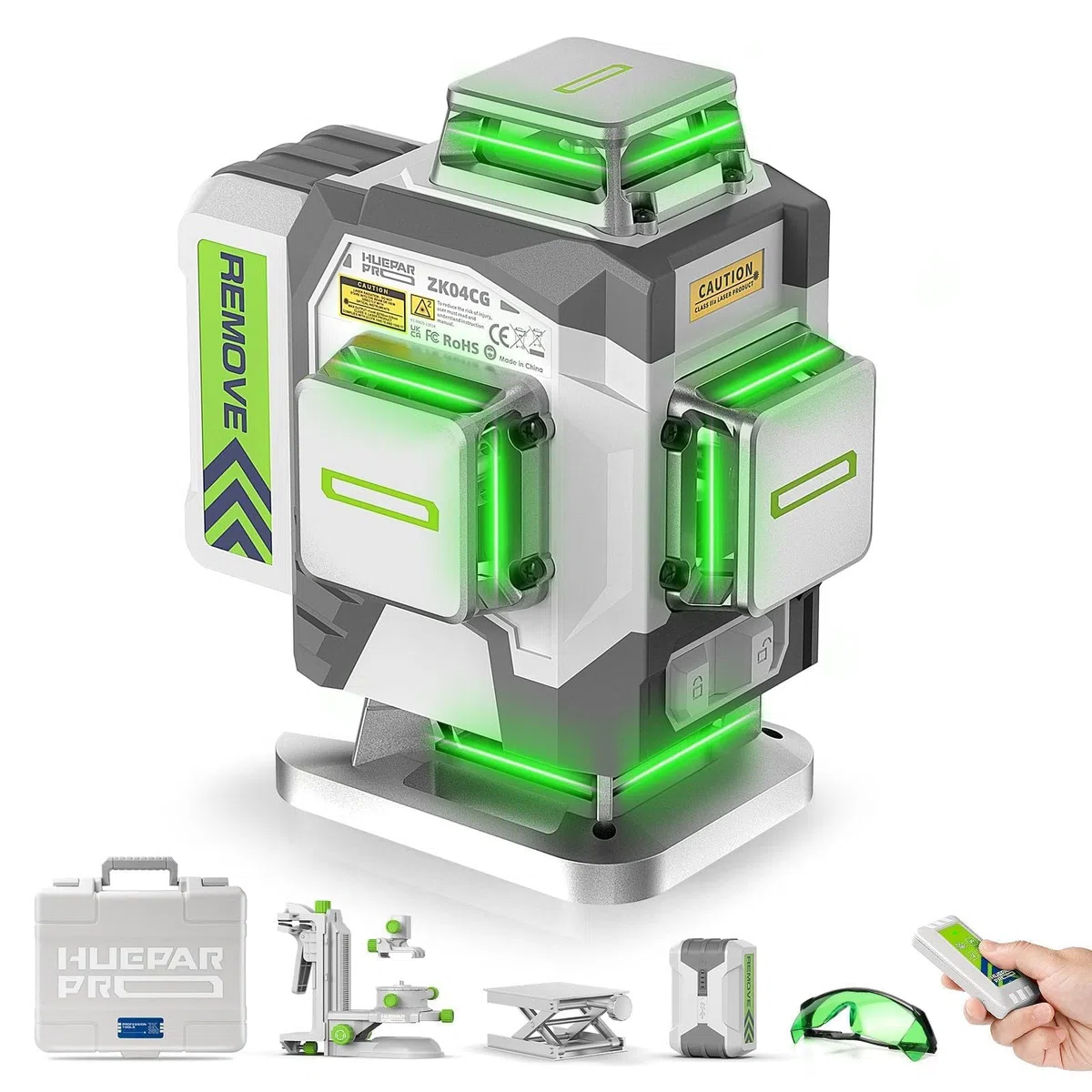 Huepar Pro Kreuzlinienlaser 4 * 360 Grad Selbstnivellierend Grün Laser Wasserwaage, Hochpräzises 4D Nivellierlaser Mit 8000mAh Lithiumionen-Akku, Fernsteuerung Und Hartschalenkoffer ZK04CG