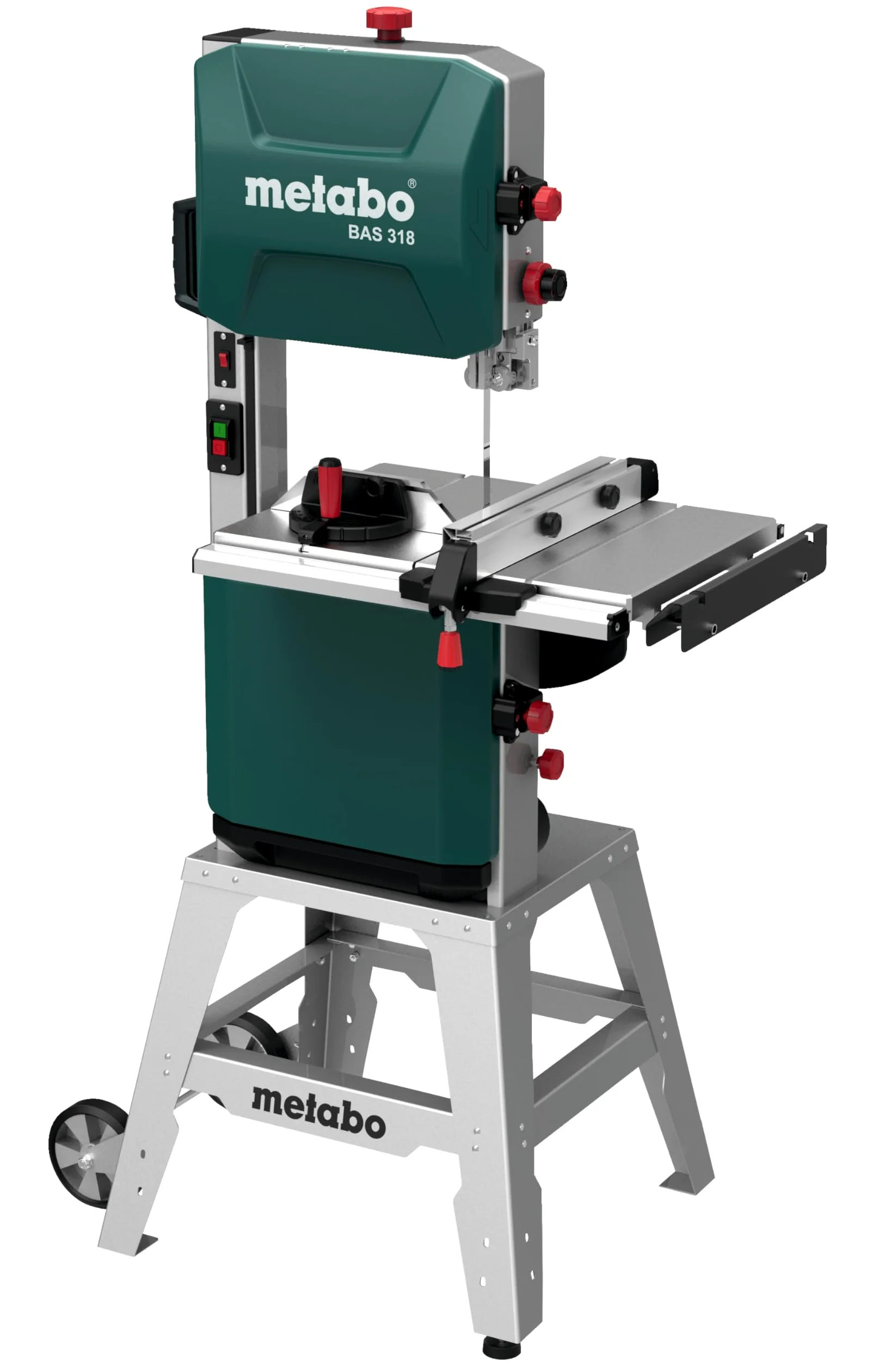 metabo Bandsäge BAS 318 Precision DNB - 900 W, 170 mm Schnitthöhe, 2 Geschwindigkeiten - Hohe Präzision, LED-Licht, werkzeuglose Einstellung, für Holz und Metall - Inkl. Untergestell und Zubehör
