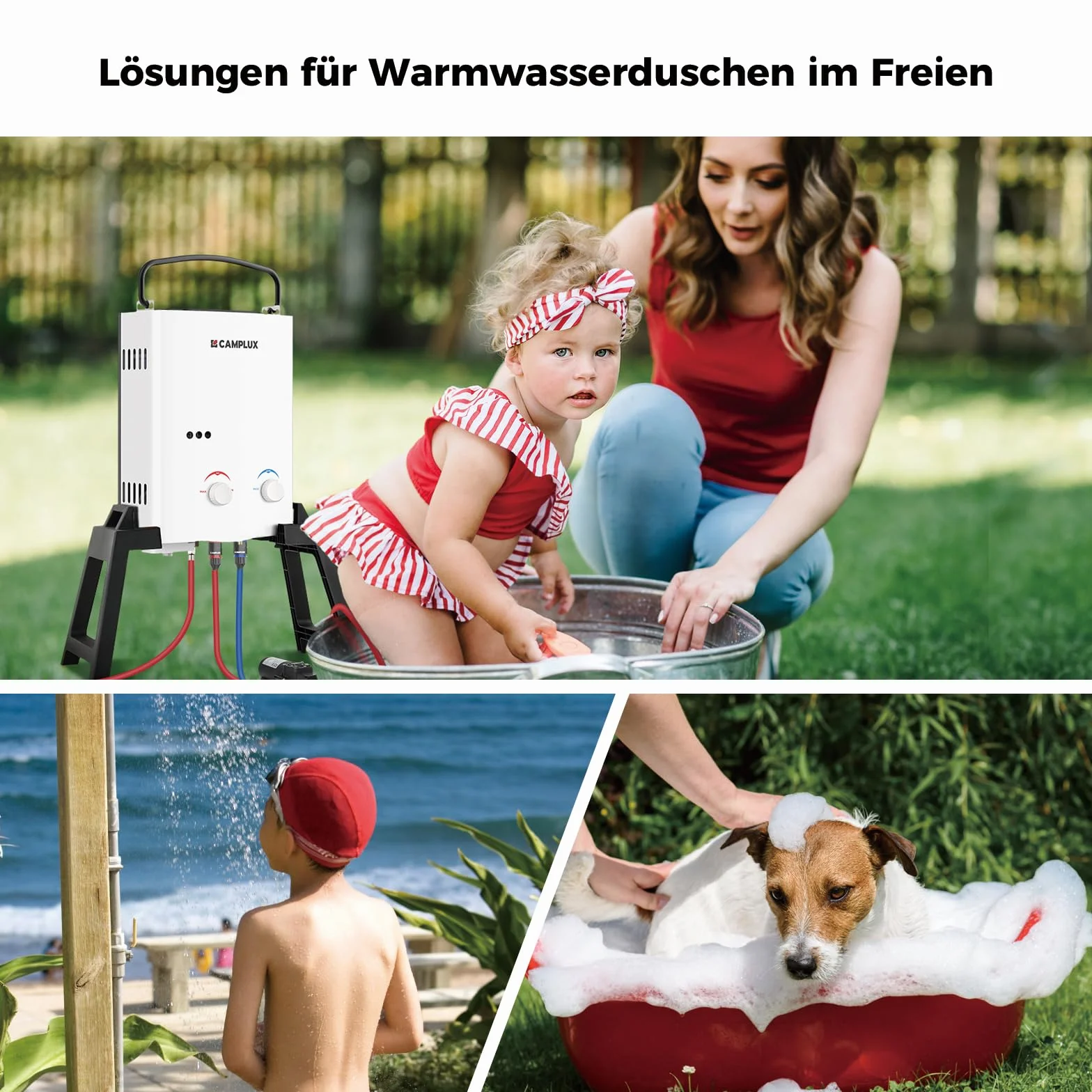 CAMPLUX 5 Liter Gasdurchlauferhitzer mit Stütz & Wasserpumpe, LPG, 50mbar, für Campingdusche/Wohnmobilausflug, AY132Max-DE mit Tragetasche