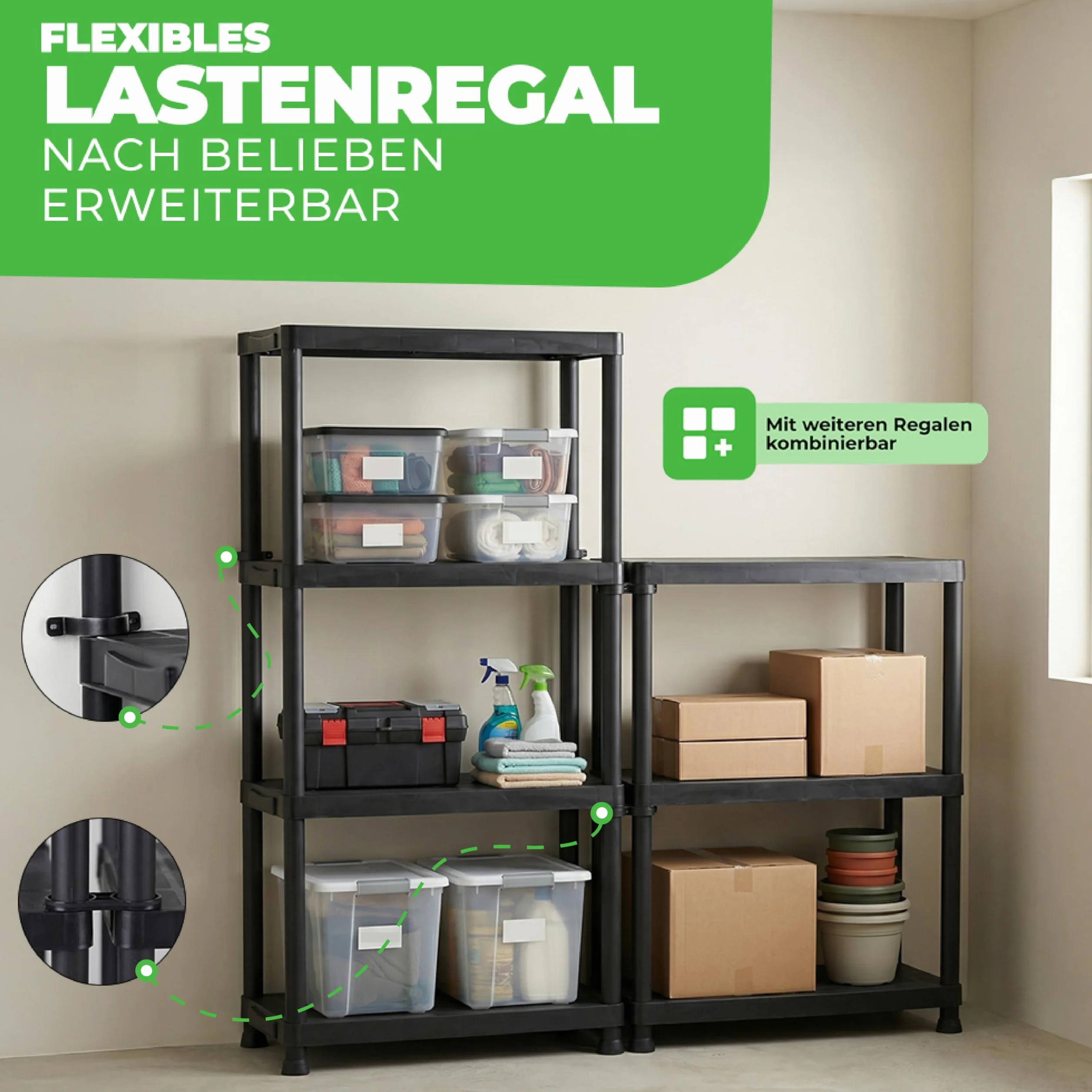 Ondis24 Steckregal 60 x 30 x 131 (H) cm, 4 Böden, Kunststoffregal, Schwerlastregal, bis zu 80 kg, Regal, Lagerregal (2 Stück)