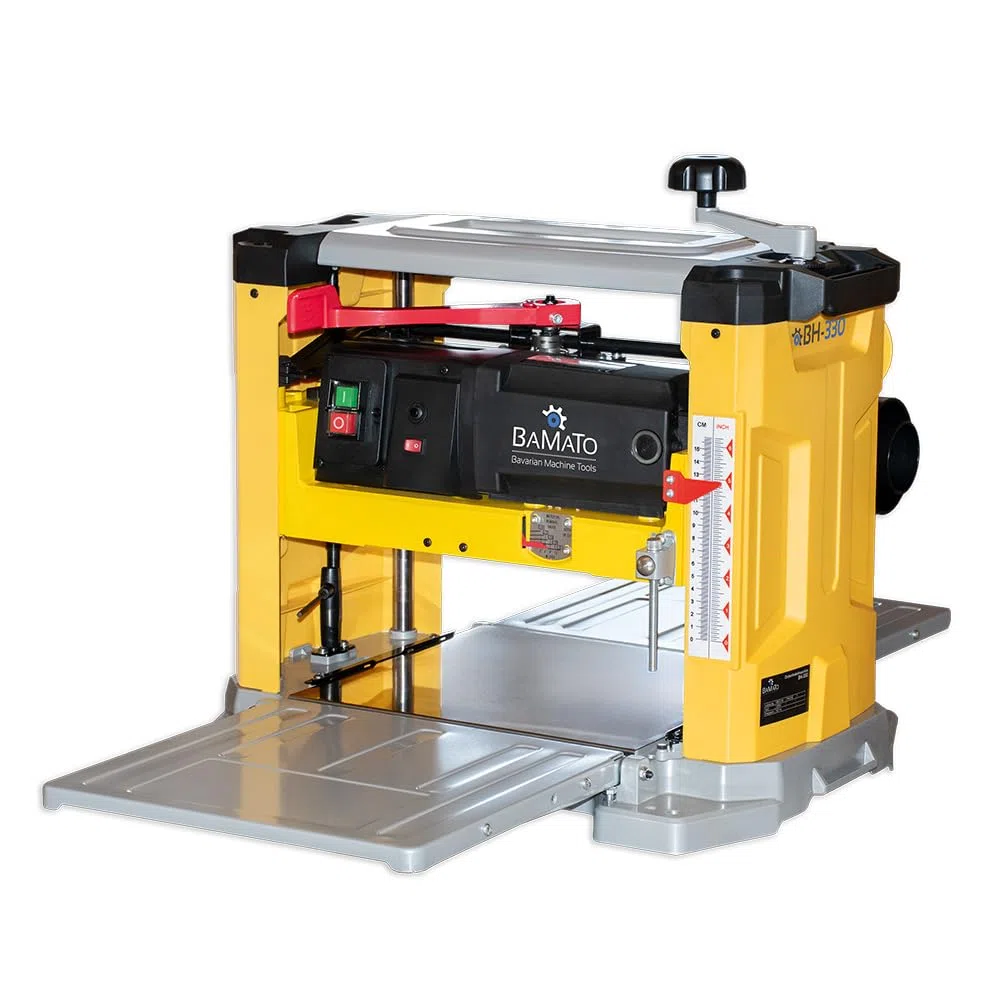 BAMATO Dickenhobelmaschine BH-330 | mit 3 Hobelmessern | 330mm Hobelbreite | neue Messerwelle | 1800 W Motor | 152mm Durchlasshöhe | Klappbare Auf-/Abnahmetische | Dickenhobel Maschine Werkstatt