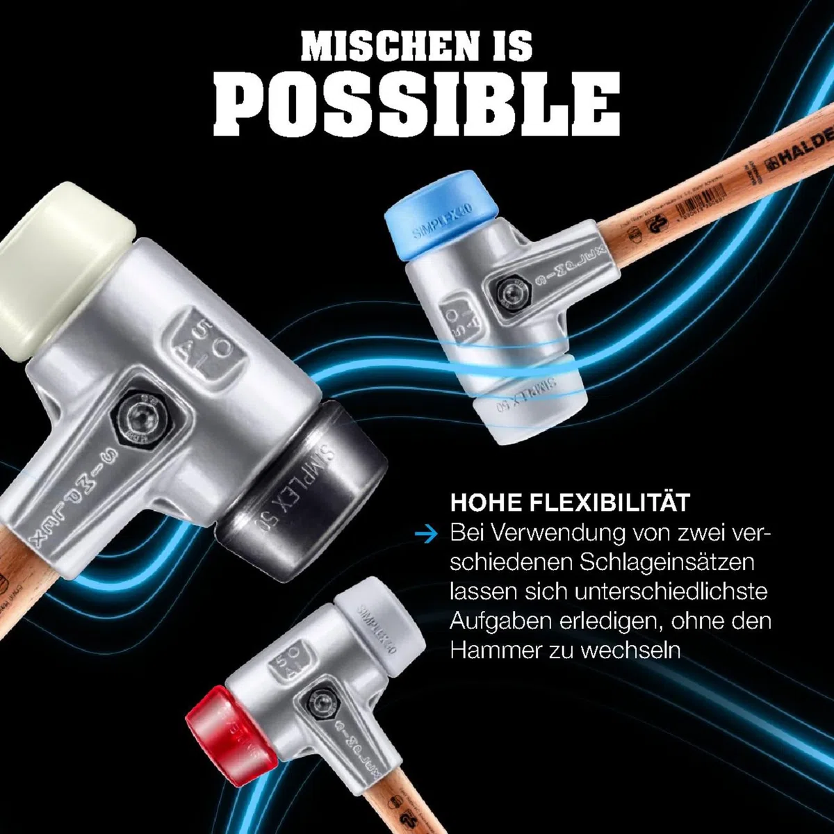 Simplex - Schonhammer, Gummikomposition/Plastik; mit Tempergussgehäuse und hochwertigem extra kurzen Holzstiel | D=60 mm/Stielausführung=extra kurz | 3026.062