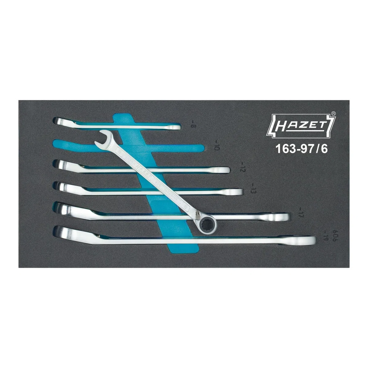 Hazet Knarren Ring-Maulschlüssel-Satz 163-97/6, Länge 342 mm, Breite 172 mm | Abtrieb Außen-Tractionsprofil Doppelsechskant, Länge 342 mm, Breite 172 mm, Höhe 52 mm, 873 g, Maße: 342 mm x 172 mm x 52 mm