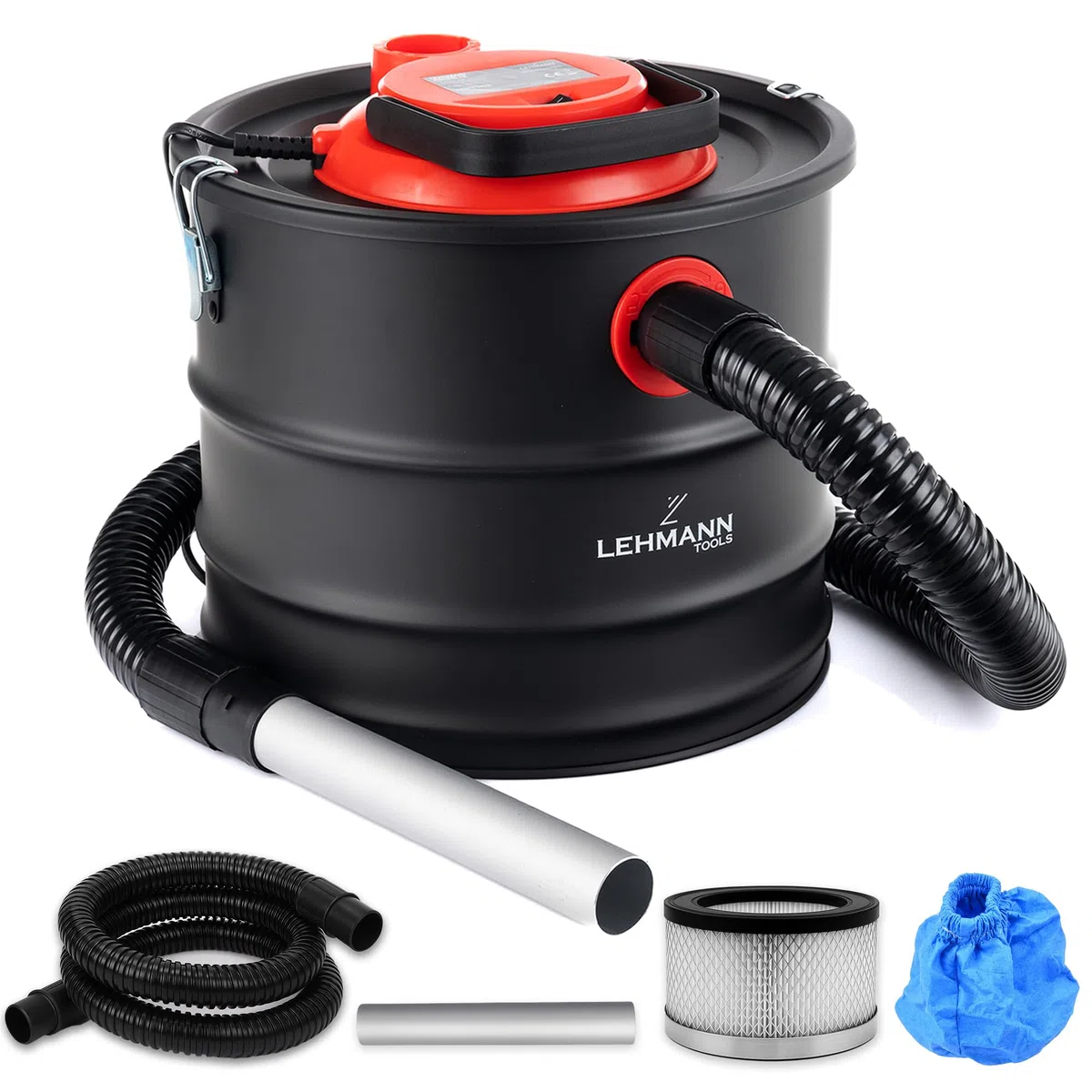 LEHMANN Aschesauger 15L - Kaminsauger für hohe Temperaturen - robustem Metalltank - Waschbar HEPA-Filter im Metallgehäuse - Blasfunktion - Aschestaubsauger ideal für Kamin, Pelletofen und Grill