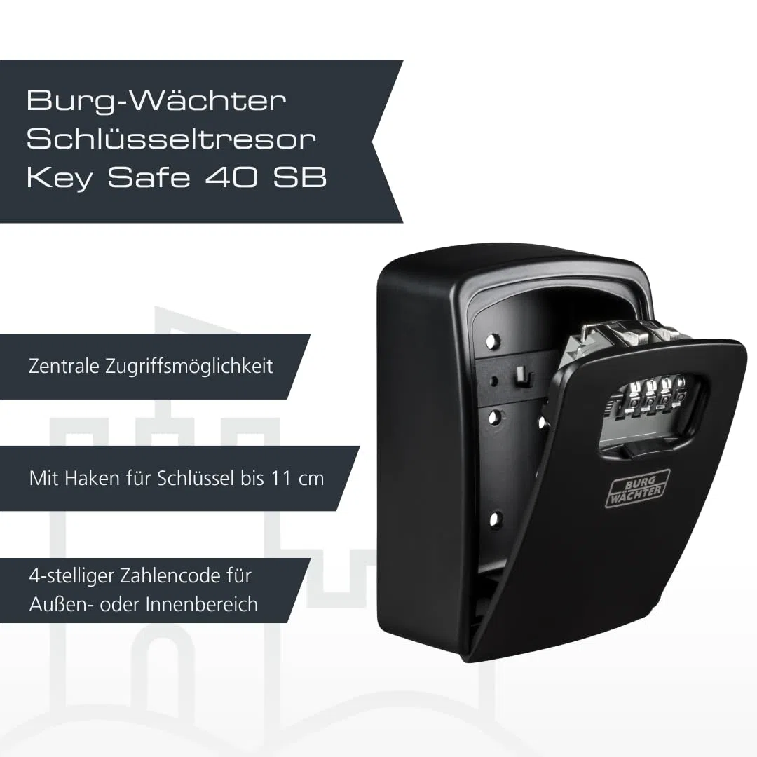 Burg-Wächter Key Safe 40 SB Schlüsseltresor 4-stelliger Zahlencode Wandmontage Schwarz 146x105x54mm