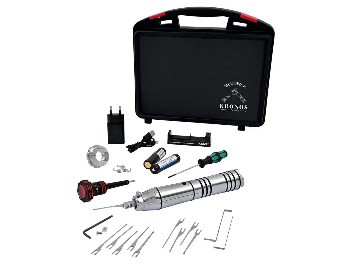 MULTIPICK Kronos Komplettset - [Elektropick] Elektrischer Picker - Lockpicking elektrisch - Elektro lock pick gun - Multipicker Set für viele Schlösser - Electric Multitool Kit - Schlossöffner