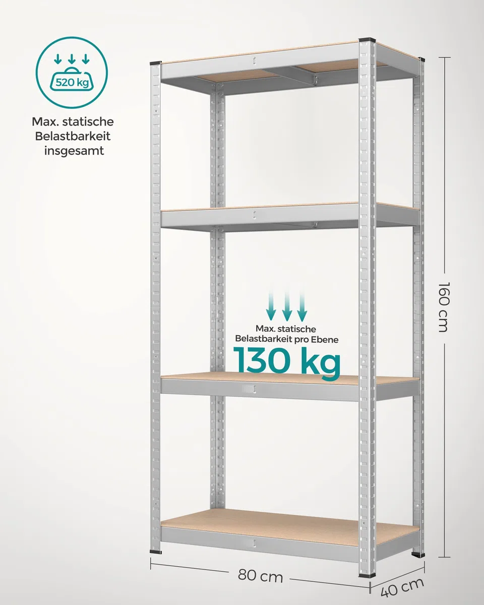 SONGMICS Schwerlastregal, 2er Set, Kellerregal, Lagerregal, 40 x 80 x 160 cm, Regal mit Stahlgestell, bis 520 kg belastbar, 4 verstellbare Ablagen, silbern GLR044E02