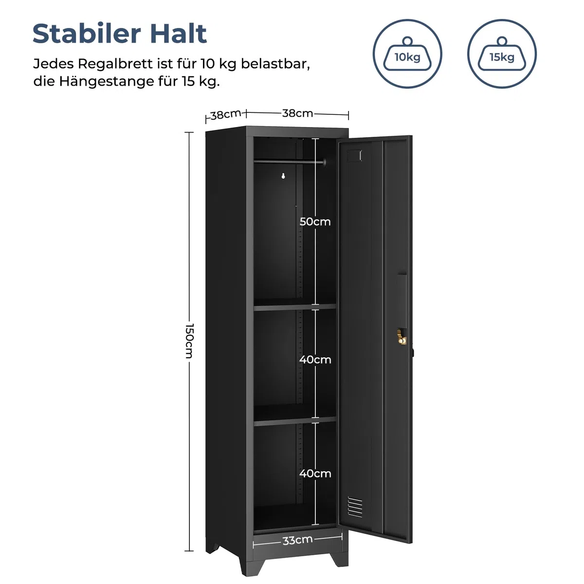 Dripex Metallschrank mit Hängestange, Stahlschrank Aktenschrank abschließbar Aufbewahrungsschrank Mehrzweckschrank Stahlspind für Schule Haus Büro Garag, Schwarz, 150 x 38 x 38 cm