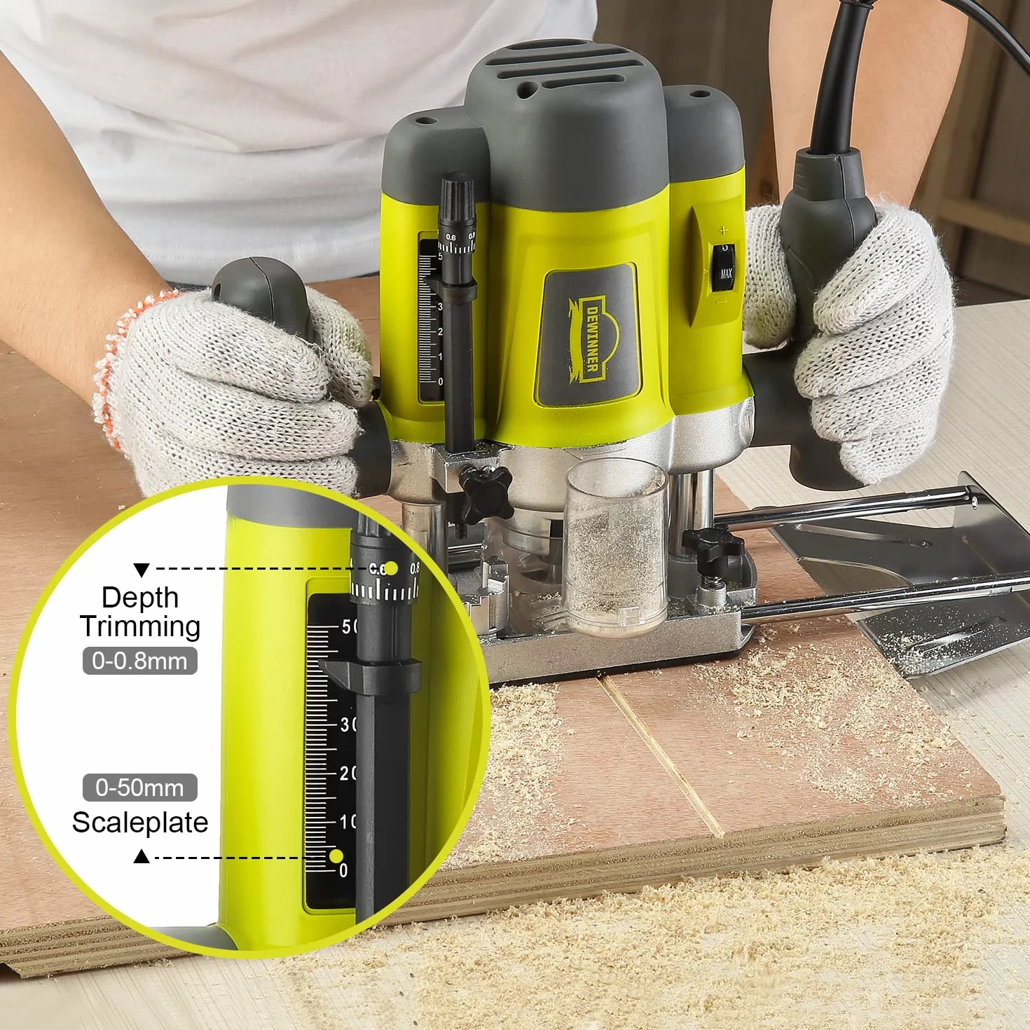 DEWINNER Elektronik Oberfräse Fräser 1200W,Ø 6 und 8 mm,Drehzahlregelung, Parallelanschlag, Absaugadapter, Set 12-teilig