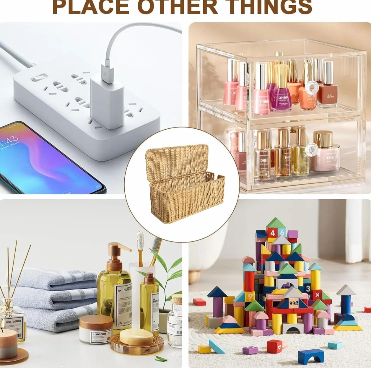 Rattan Kabelmanagement Box, Handgemachte Kabelbox mit Deckel, Kabelmanagementbox mit Seitlicher Öffnung Kabelsalat Verstecken Schreibtisch Steckdosenbox für Büro, Zuhause (Holzfarben)