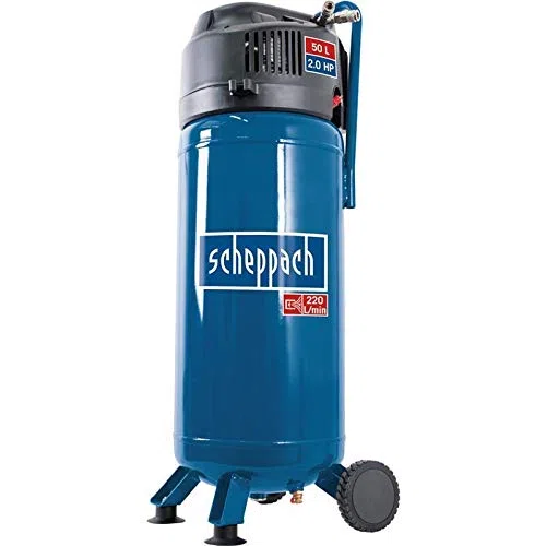 Scheppach Kompressor HC51V (1500W, 50 L, 10 bar, Ansaugleistung 220 l/min, Druckminderer, ölfrei, stehende platzsparende Bauweise) - inkl. 13-teiligem Druckluft-Werkzeug-Set + 15 m Gewebeschlauch