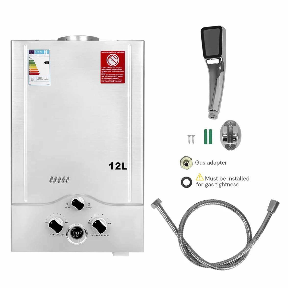 12LPM Gas Durchlauferhitzer, 24KW LPG Durchlauferhitzer mit Niedrigsten Verfügbaren Wasserdruck von 0,2 bar, Geeignet für Propan & Butan, für Zuhause, Wohnmobile, Kabinen, Scheunen