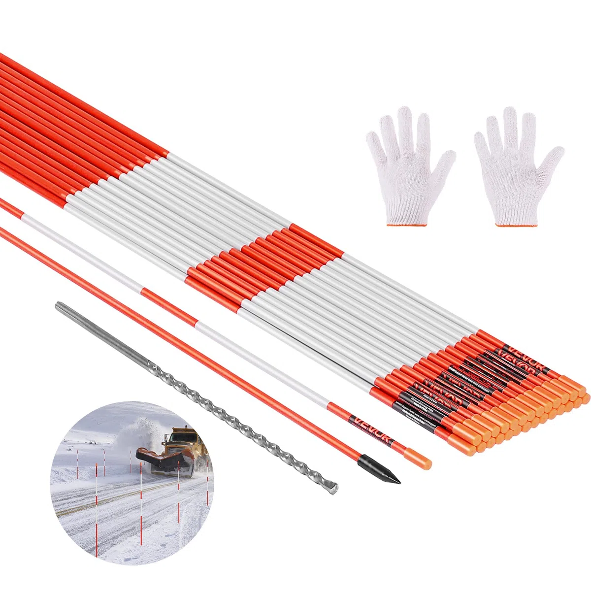 VEVOR Schneestangen, 500 Stück, 122 cm lang, 6,35 mm Durchmesser, Auffahrtstangen mit 30 cm Stahlbohrern, reflektierende Einfahrtsmarkierung, Fiberglasstangen für Parkplätze, Gehwege, Schneeräumen
