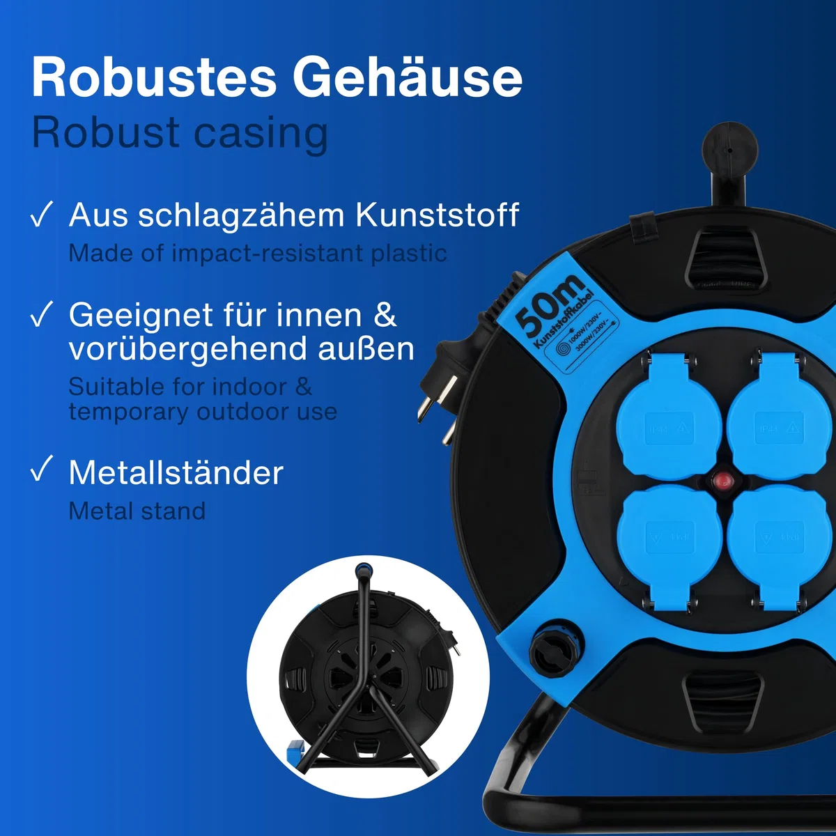 REV Kabeltrommel 50m Outdoor IP44 4 Schutzkontaktsteckdosen blau
