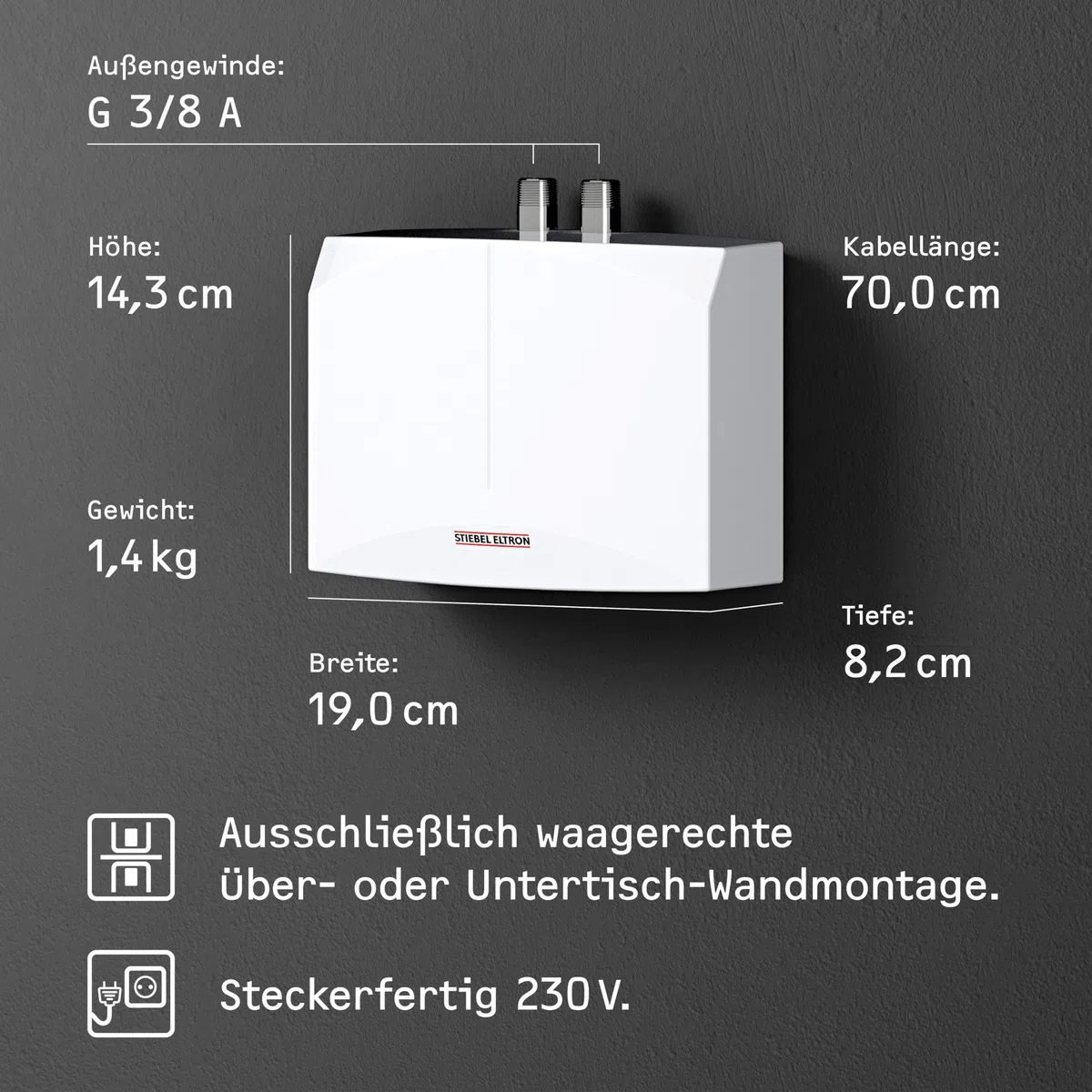 STIEBEL ELTRON hydraulischer Mini Durchlauferhitzer DNM 3 nur fürs Handwaschbecken, 3,5 kW, mit Stecker 230V, drucklos, VDE geprüft, 185411