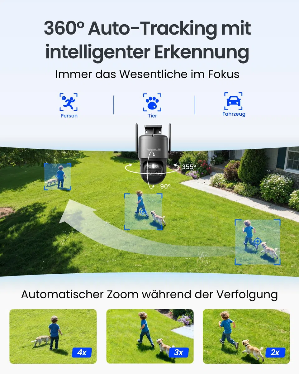 Reolink 4K PTZ Überwachungskamera Aussen Akku mit Auto-Tracking & Auto-Zoom | Dual Lens, Dual-Band WiFi 6, 30m Farbnachtsicht, KI-Erkennung, PTZ, 8MP Solar WLAN Kamera Outdoor, TrackMix Grau+Solarpanel