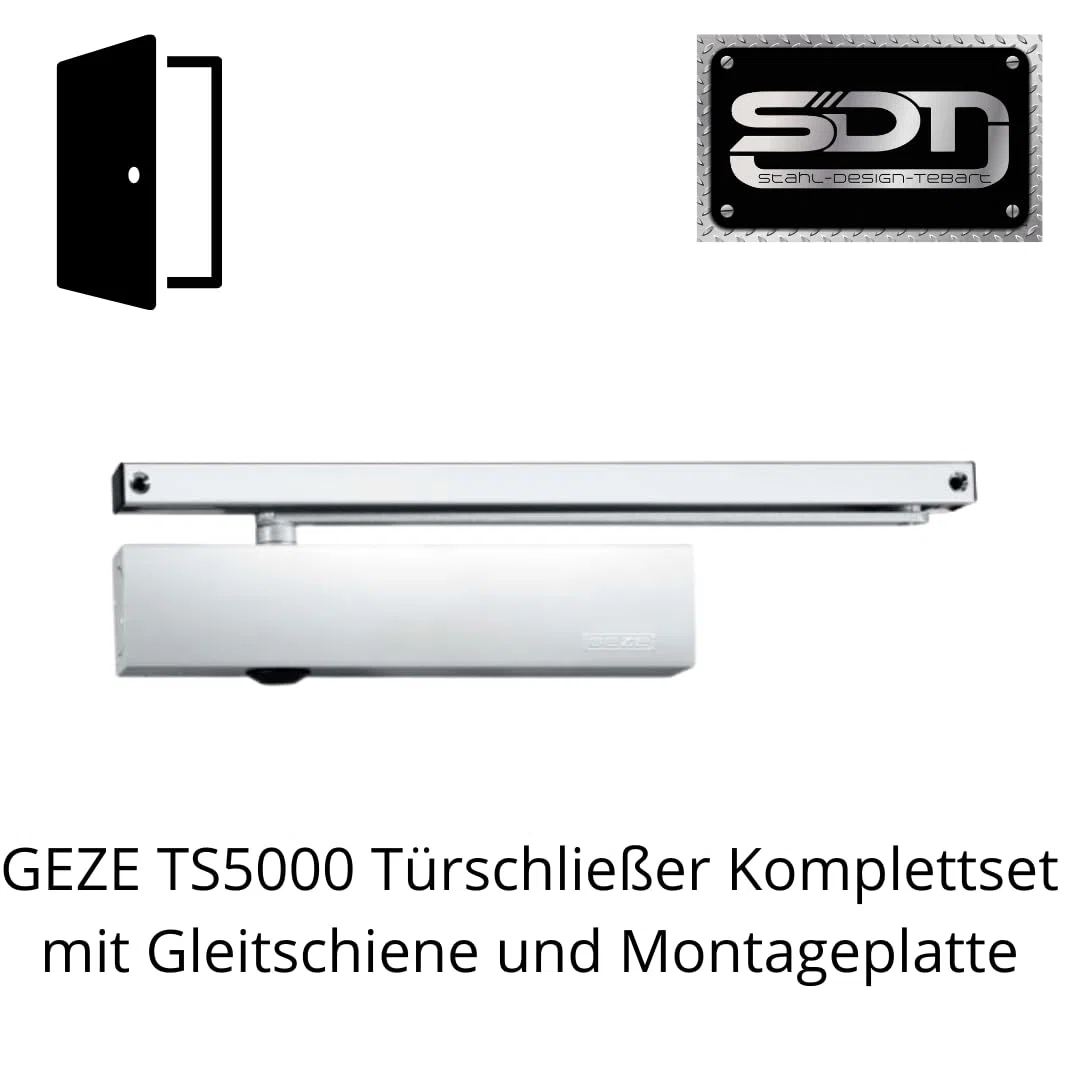 GEZE Türschließer TS 5000 Komplettset mit Gleitschiene und Montageplatte, Edelstahl, Silberfarbig, 28,7x4,7x6cm