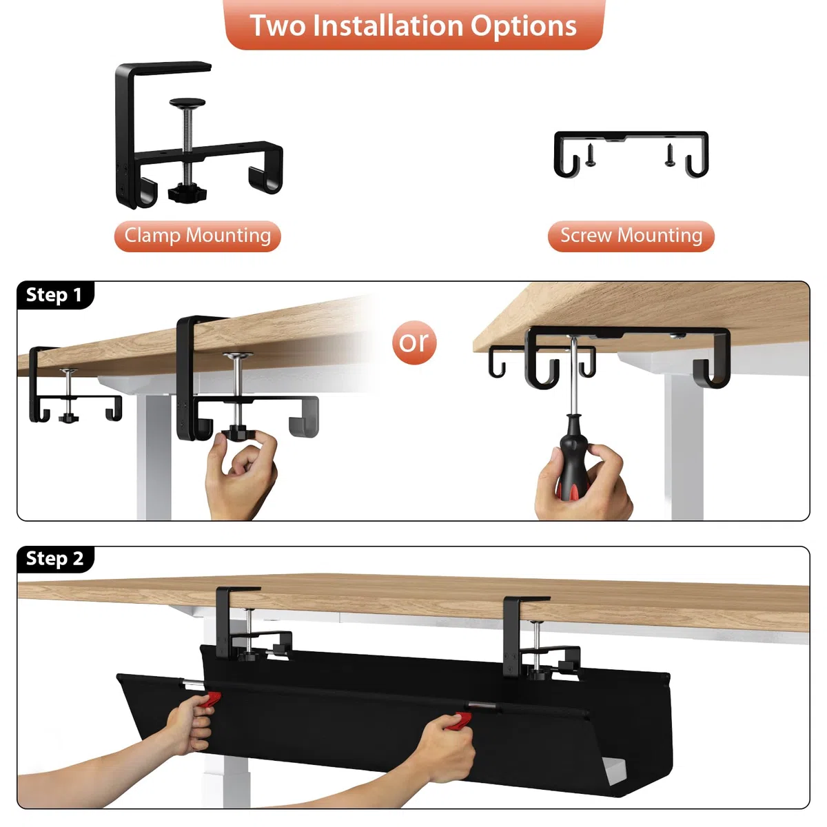 Univivi Unter dem Kabel Management Schreibtisch, 90cm Ohne Bohren Kabelkanal Schreibtisch Fexibel Oganizer, Klemmen/Schraubmontage, Stabiles Wasserfestes Kabeltray für Büro und Zuhause