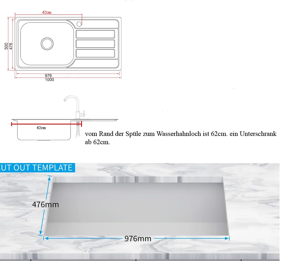 100x50, Küchenspüle, Edelstahl 304 Materialdicke 0,8 mm,Spülbecken,Spüle, Einbauspüle,eckig 1 Becken, XXL Becken 50x40cm (Ablagefläche links)