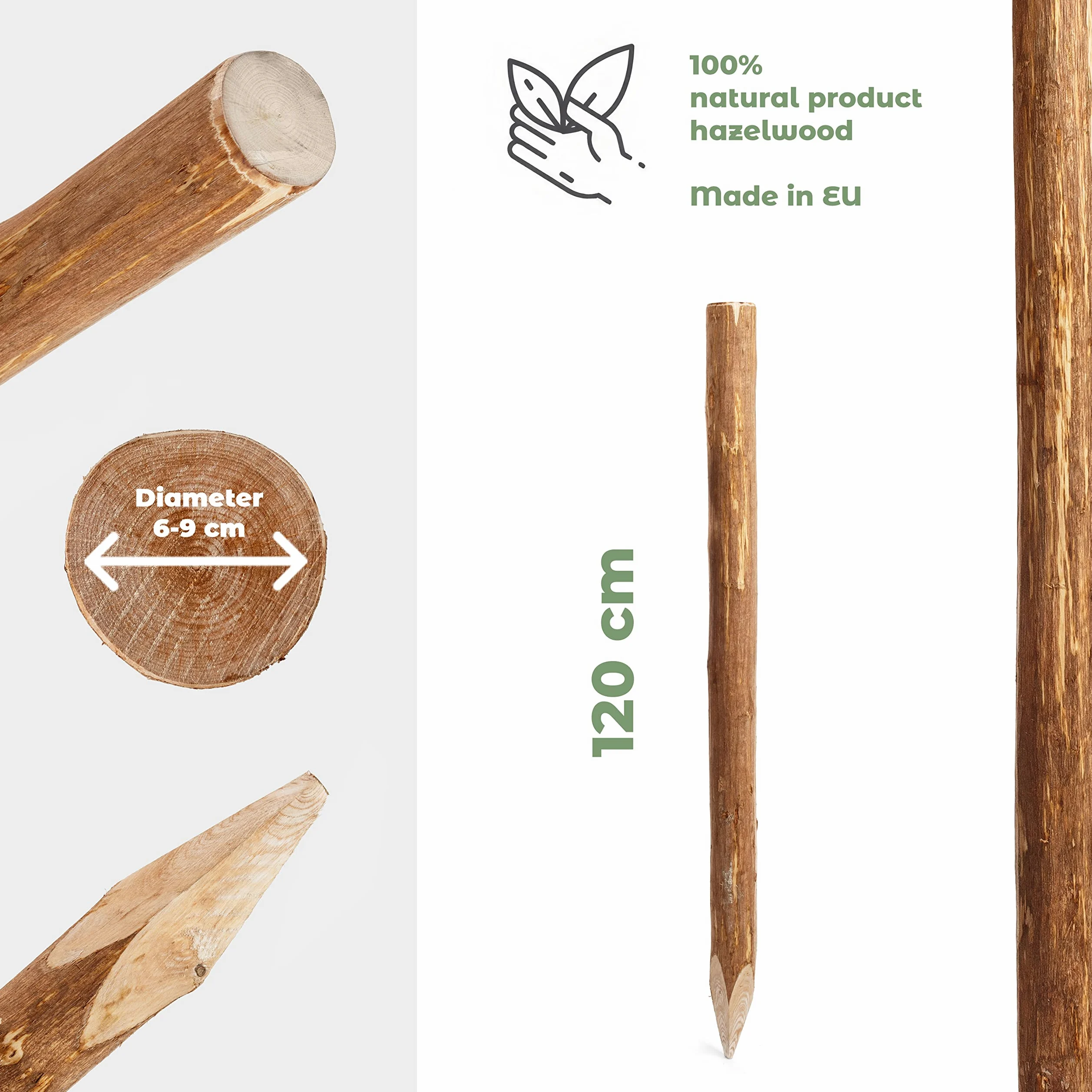 BOGATECO 6 x Haselnuss Staketenzaun Pfosten | Höhe 120 cm | Angespitzte Holz-Pfahl | 6-teiliges Set | Zaunpfosten Hozpflock Holzzaun Zaunpfähle Holzpfosten rund| Holzpfahl für Bauernzaun Gartenzaun