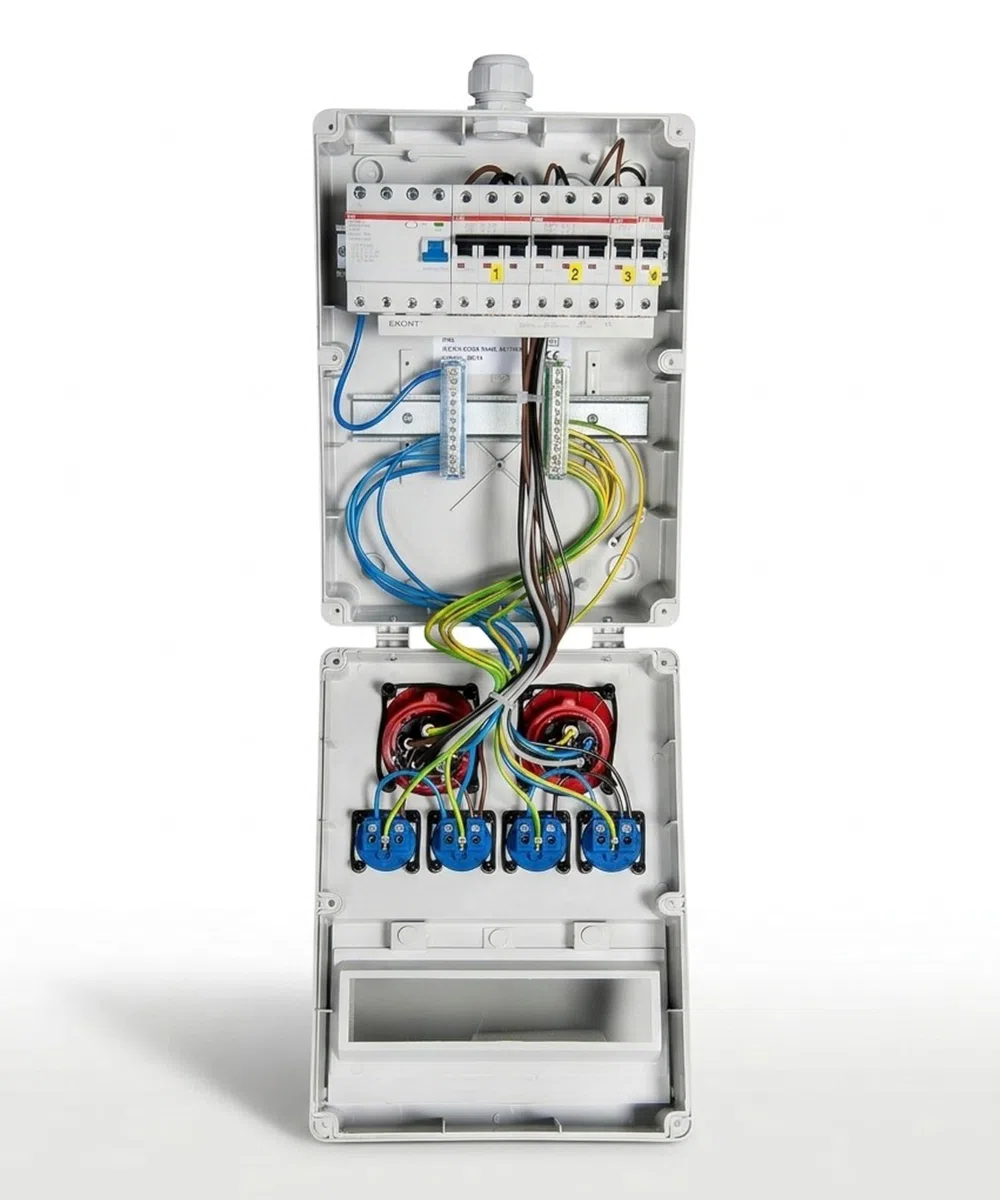 JÄGER VOTHA Wandverteiler Würzburg, Steckdosenkombination zur Wandmontage, fertig verdrahtet, CEE 32A & 16A, 4x 230V Steckdose, FI & LS Schalter, IP54, abschließbare Makrolonabdeckung