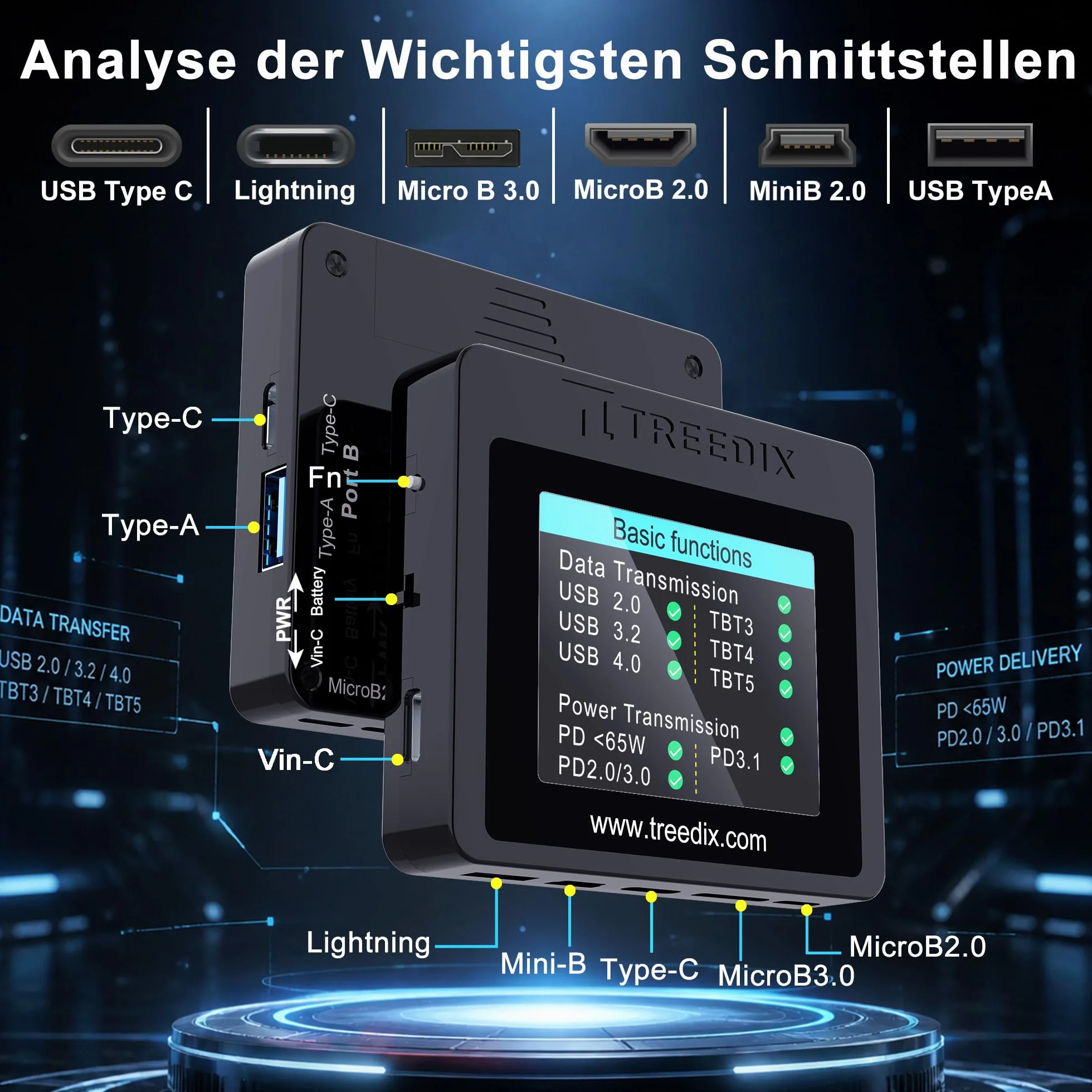 Treedix USB-Kabeltester, 2,4-Zoll-Farbdisplay USB-C-Kabeltester,USB-Tester unterstützt Kabeltests, Widerstandstests, Type-C eMarker für Lightning, Micro-B 2.0, Micro-B 3.0, Type-C, Mini-B