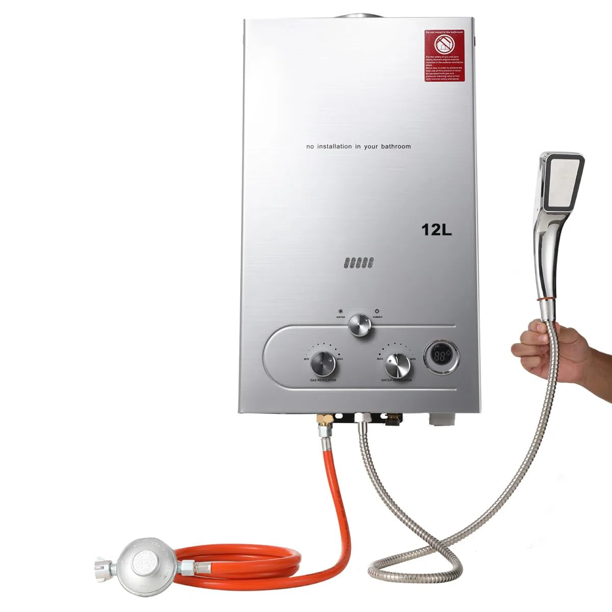 24KW 12L LPG Gas Durchlauferhitzer mit Gasdruckregler, Propangas Campingdusche für Dusche im Außenbereich Dusche Bad Warmwasser Camping Dusche Warmwasserbereiter mit CE-Zertifizierun, Silber