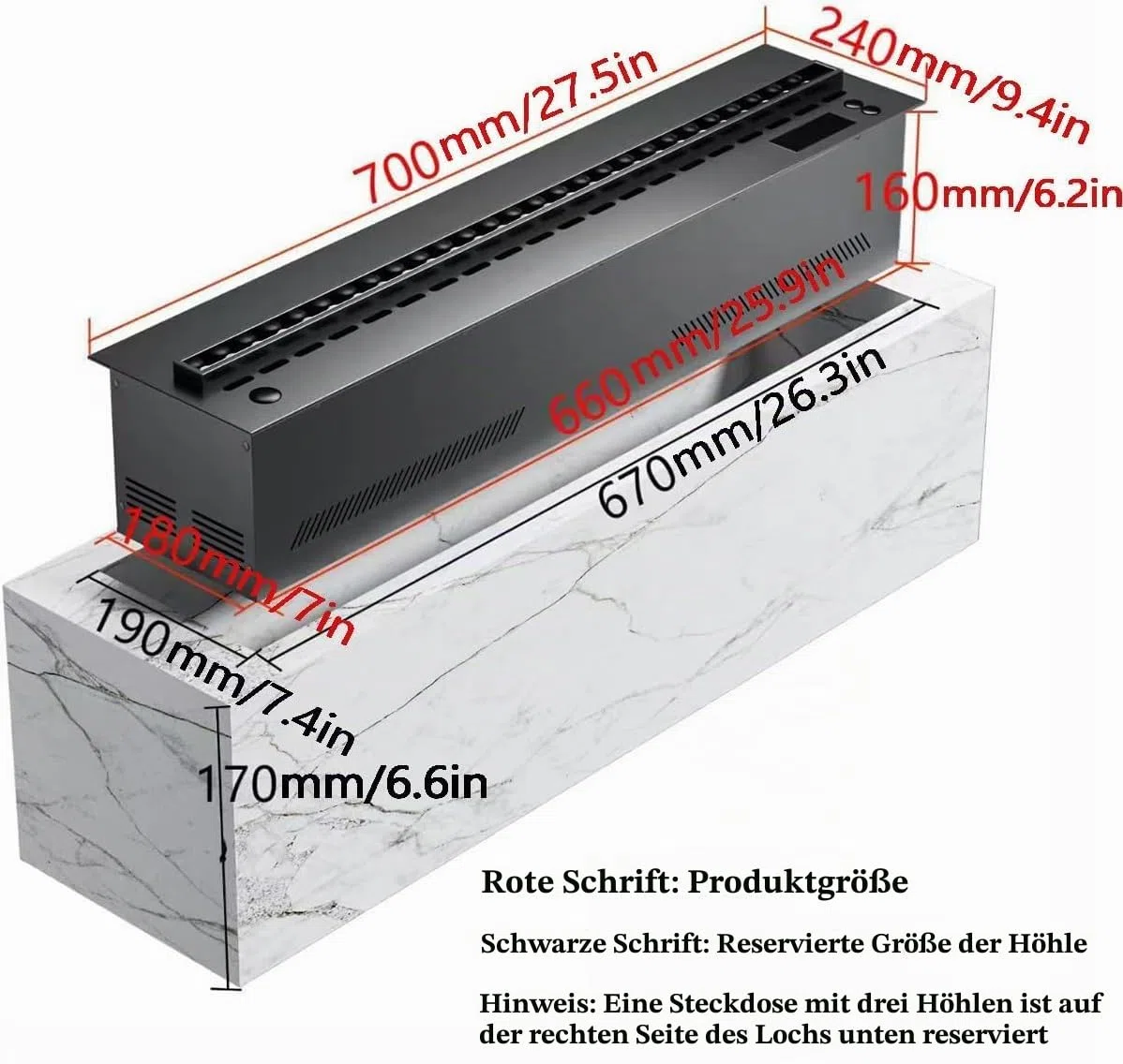 Dekorativer Elektrokamin mit Einsatz, Luftbefeuchter mit 3D Zerstäuber-Wasserdampf mit 3mm ultradünnem oberen Panel (70cm)