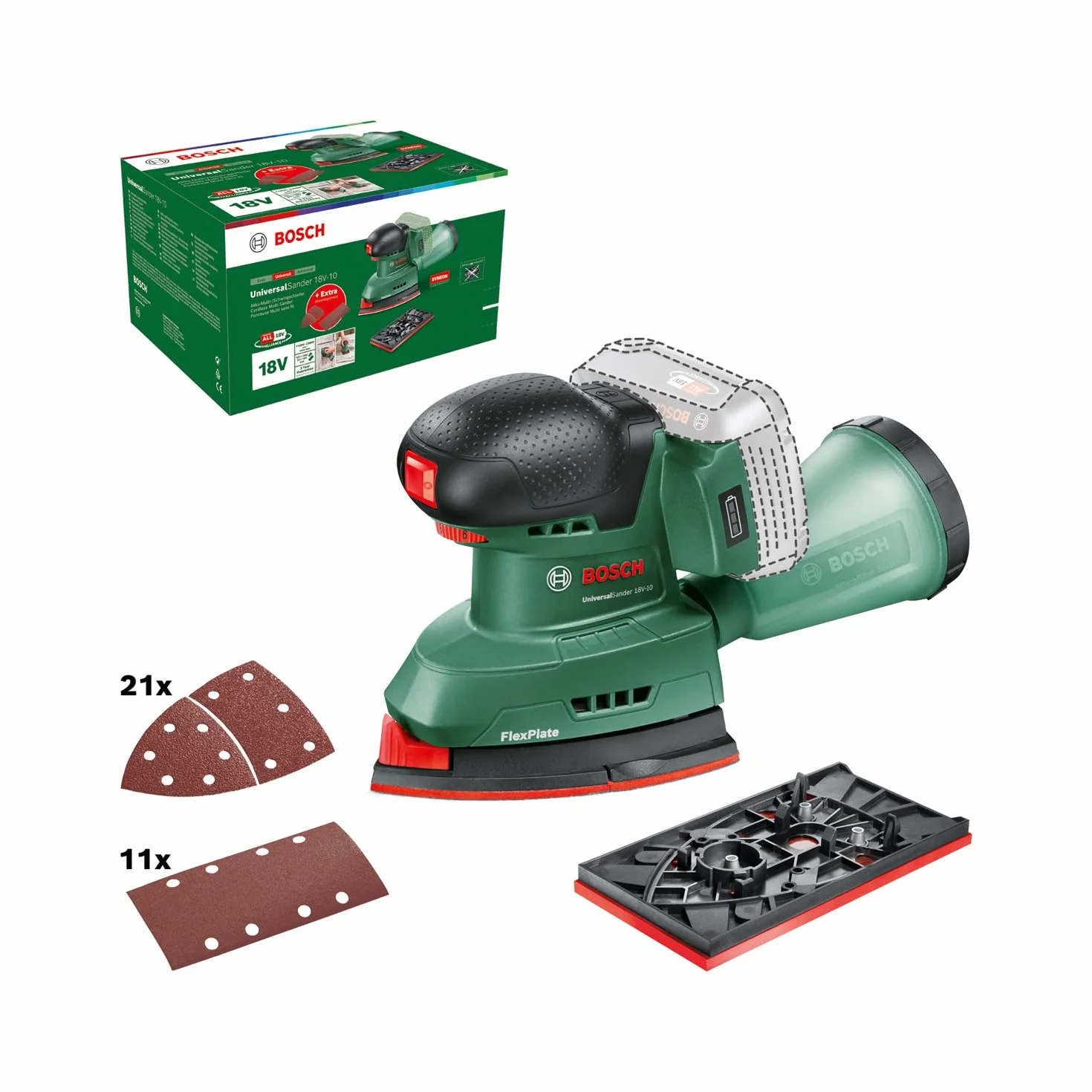 Bosch Akku-Schleifer UniversalSander 18V-10 (ohne Akku; 18 Volt System; für die DIY-Holzbearbeitung; 32x Schleifpapier; im Karton) – Amazon Edition