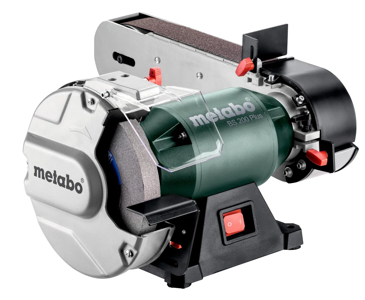 metabo BS 200 Plus Schleifmaschine, Elektrisch, Schärfgerät Holzschleifer | Schleifbock Kombimaschine mit Absaugung zum Entrosten, Messer Schärfmaschine, inkl. Schleifscheibe, Band & Zubehör