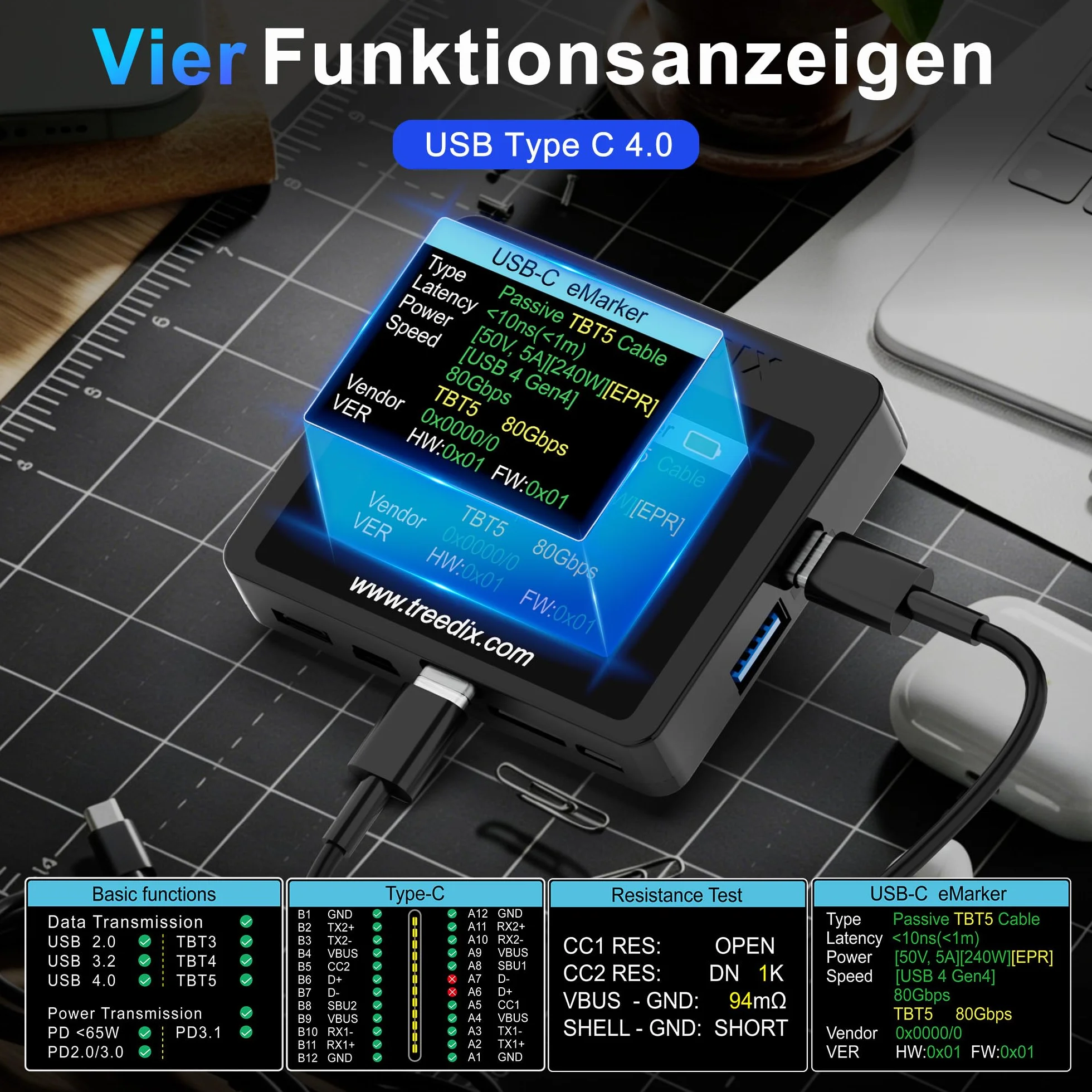 Treedix USB-Kabeltester, 2,4-Zoll-Farbdisplay USB-C-Kabeltester,USB-Tester unterstützt Kabeltests, Widerstandstests, Type-C eMarker für Lightning, Micro-B 2.0, Micro-B 3.0, Type-C, Mini-B