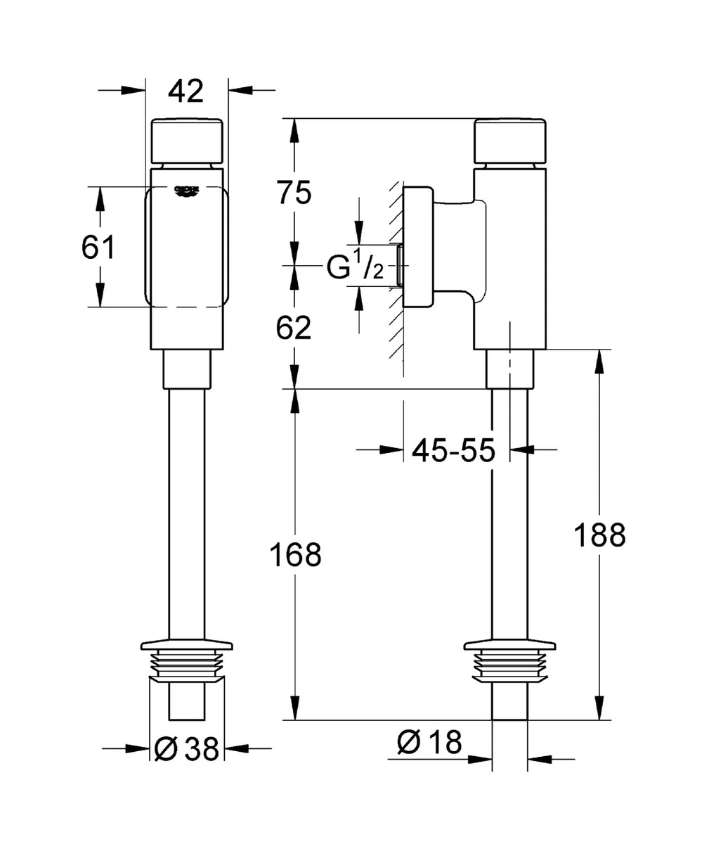 GROHE Rondo, Druckspüler für Urinal (mit integrierter Vorabsperrung, mit Betätigungskappe und Abgangsstutzen, 1/2 Zoll, langlebige Oberfläche, Spülmengeneinstellung 1,0-4,0 l), chrom, 37339000